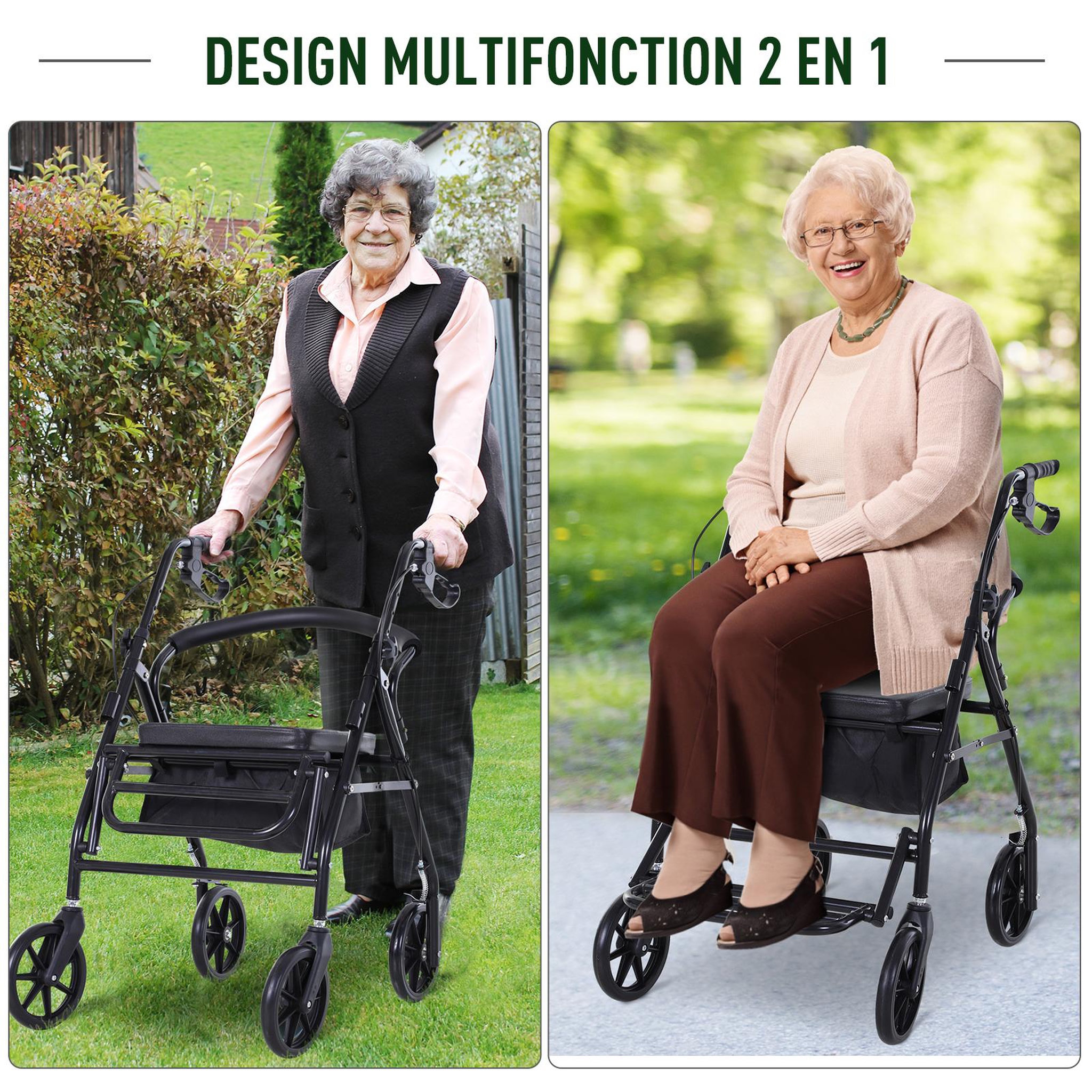 Voir la diapositive 3 : HOMCOM HOMCOM Déambulateur 4 roues - déambulateur pliable léger - assise + dossier rembourré  - poignées ergonomiques, freins à main - panier rangement - cale-pied - métal noir