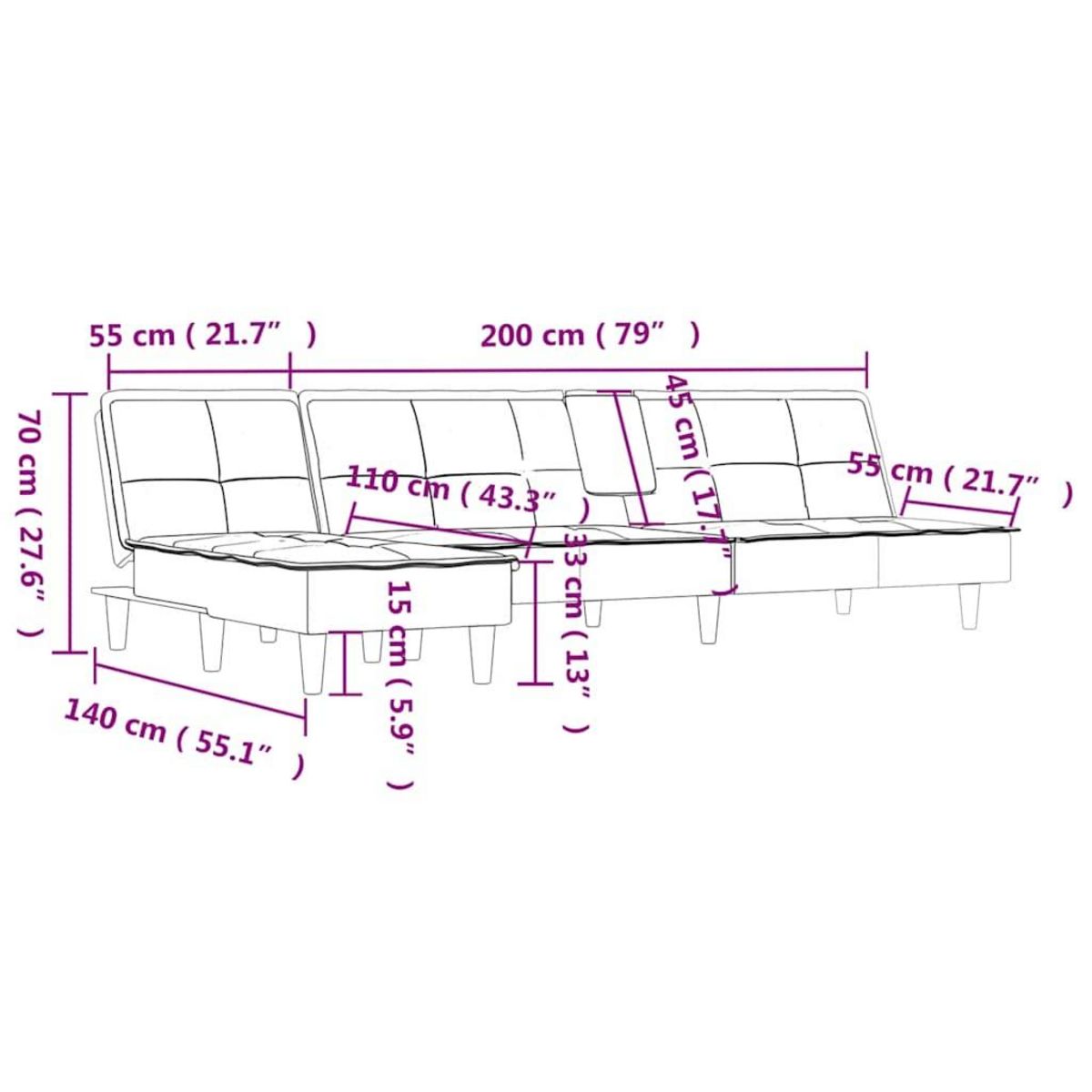 VIDAXL Canape-lit en forme de L jaune 255x140x70 cm velours