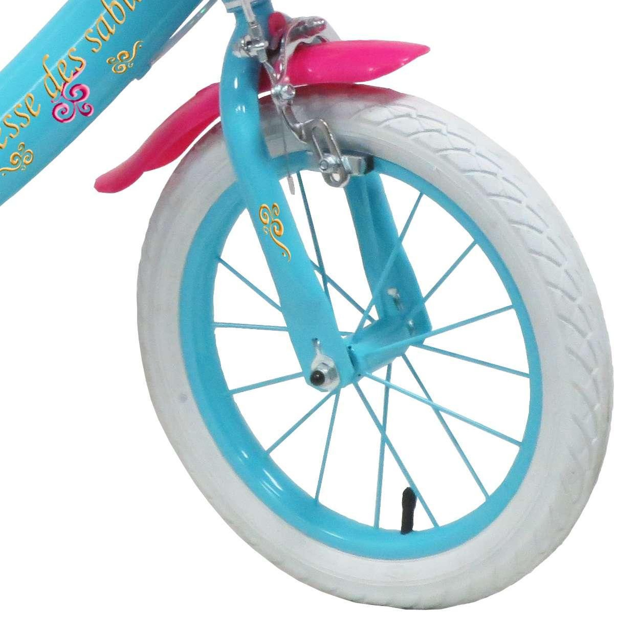 Voir la diapositive 4 : Vélo enfant - Modèle 14'' Princesse des sables pour enfant de 95/110 cm avec stabilisateurs - Panier avant - Porte poupée arrière - 2 freins