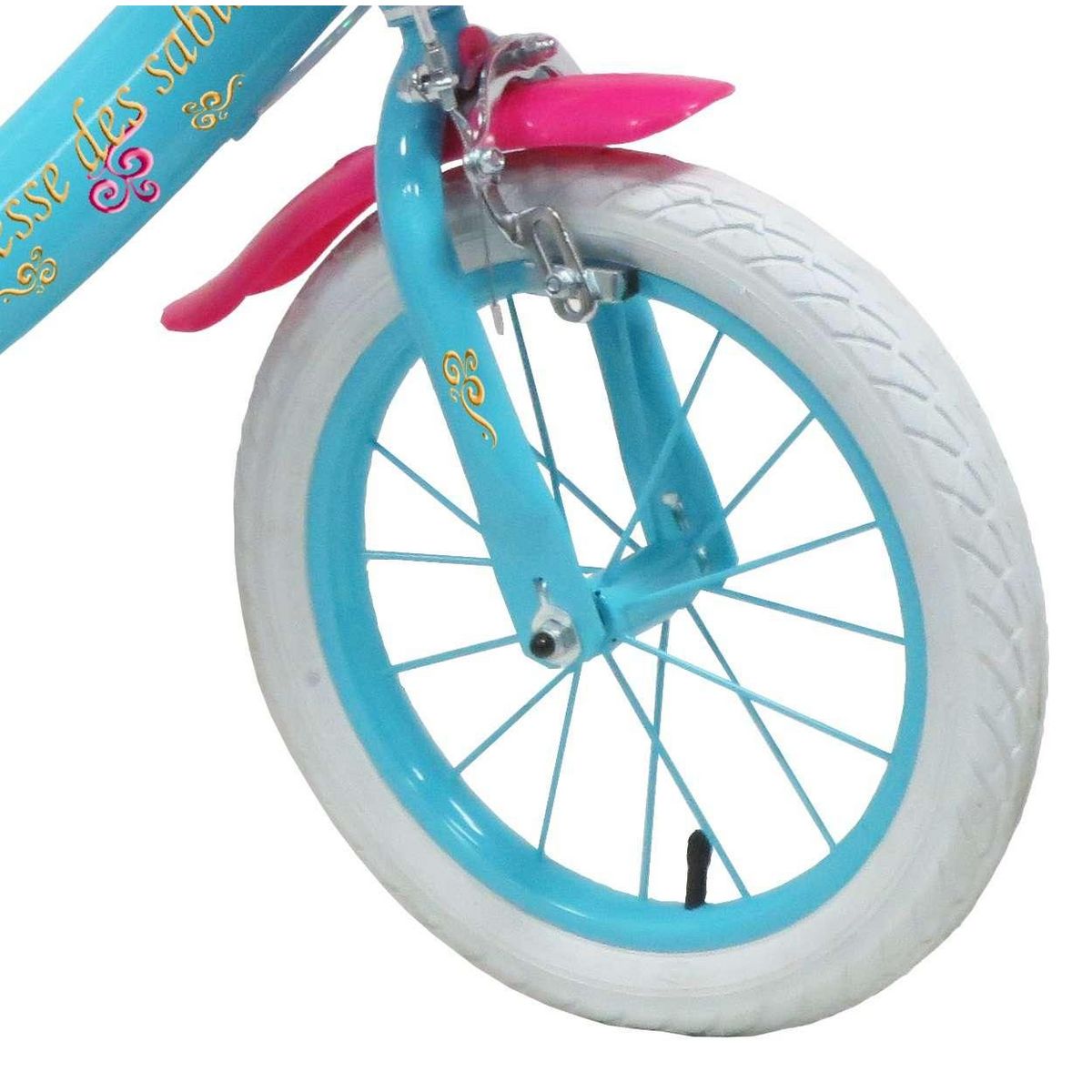 Vélo enfant - Modèle 14'' Princesse des sables pour enfant de 95/110 cm avec stabilisateurs - Panier avant - Porte poupée arrière - 2 freins