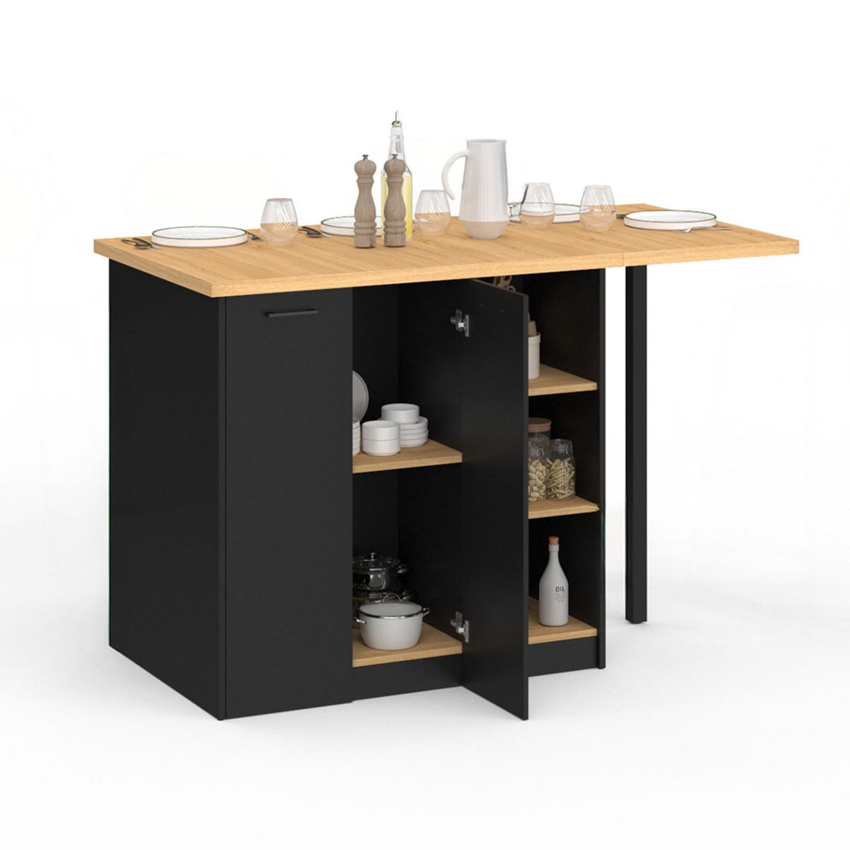 ID MARKET Ilot central CESAR 140 cm 5 personnes bois noir avec plan de travail façon hêtre