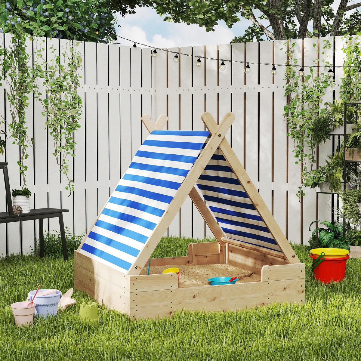 HOMCOM Bac à sable en bois avec toit refermable et doublure dim. 120 x 120 x 126,5 cm bois sapin