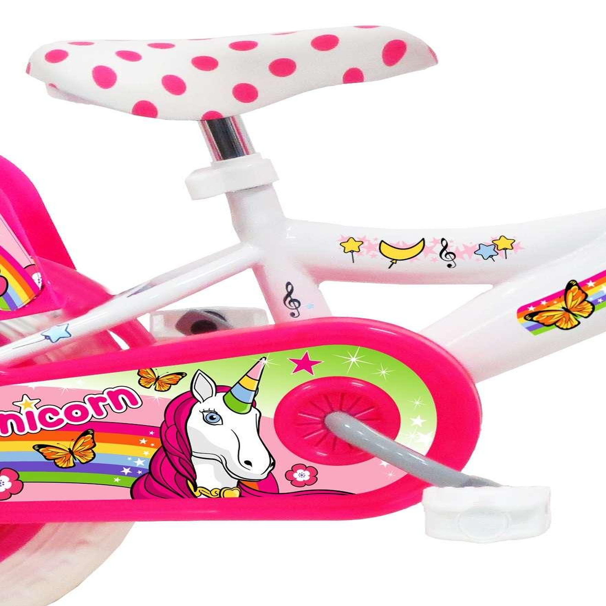 Voir la diapositive 3 : Vélo enfant - Modèle 12'' Fille  Unicorn  pour enfant de 85/100 cm avec stabilisateurs à molettes - 1 Frein - Panier avant - Porte poupée arrière