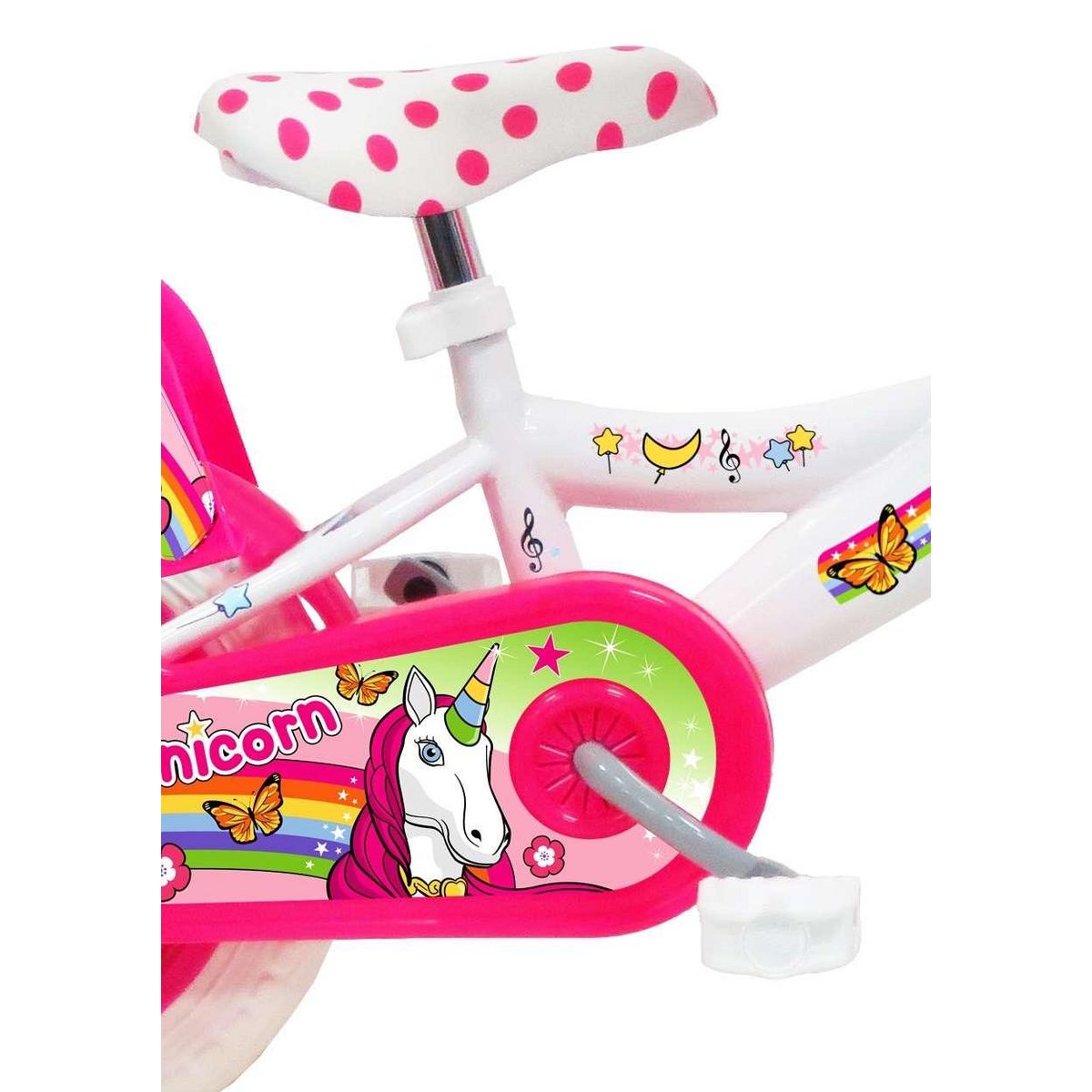 Vélo enfant - Modèle 12'' Fille  Unicorn  pour enfant de 85/100 cm avec stabilisateurs à molettes - 1 Frein - Panier avant - Porte poupée arrière
