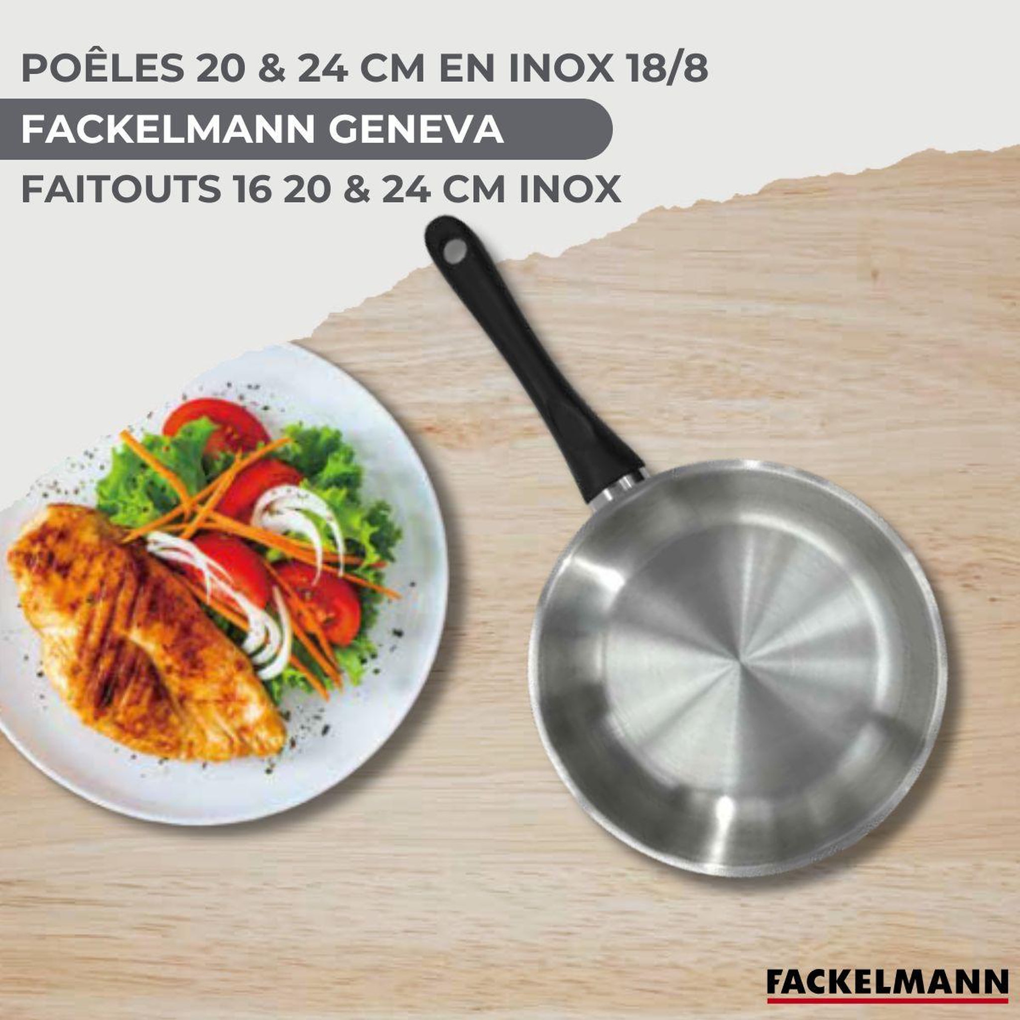 Voir la diapositive 2 : Fackelmann Batterie de cuisine 2 poêles 20/24 cm et couvercle, 3 faitouts 16/20/24 cm et 6 ustensiles fackelmann geneva