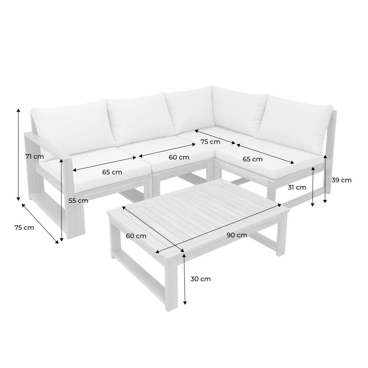 SWEEEK Salon de jardin modulable bois d'acacia et tissu beige 4 places - Tula
