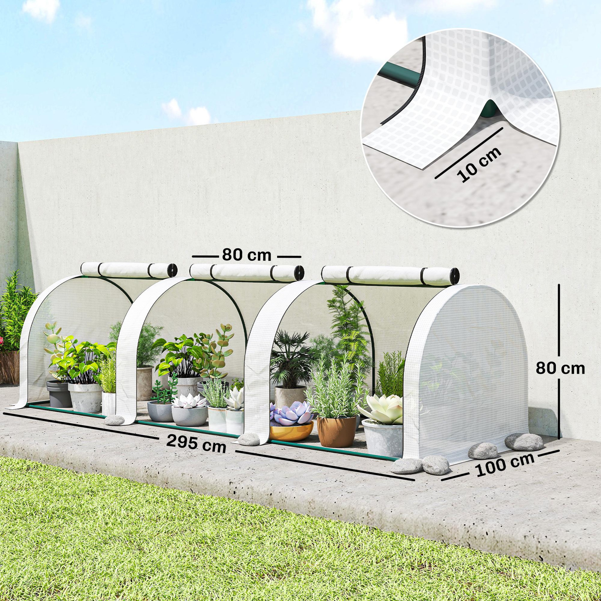 Voir la diapositive 3 : OUTSUNNY Mini serre de jardin serre à tomates 2,95L x 1l x 0,8H m acier PE haute densité 140 g/m² anti-UV 3 fenêtres zip enroulables blanc