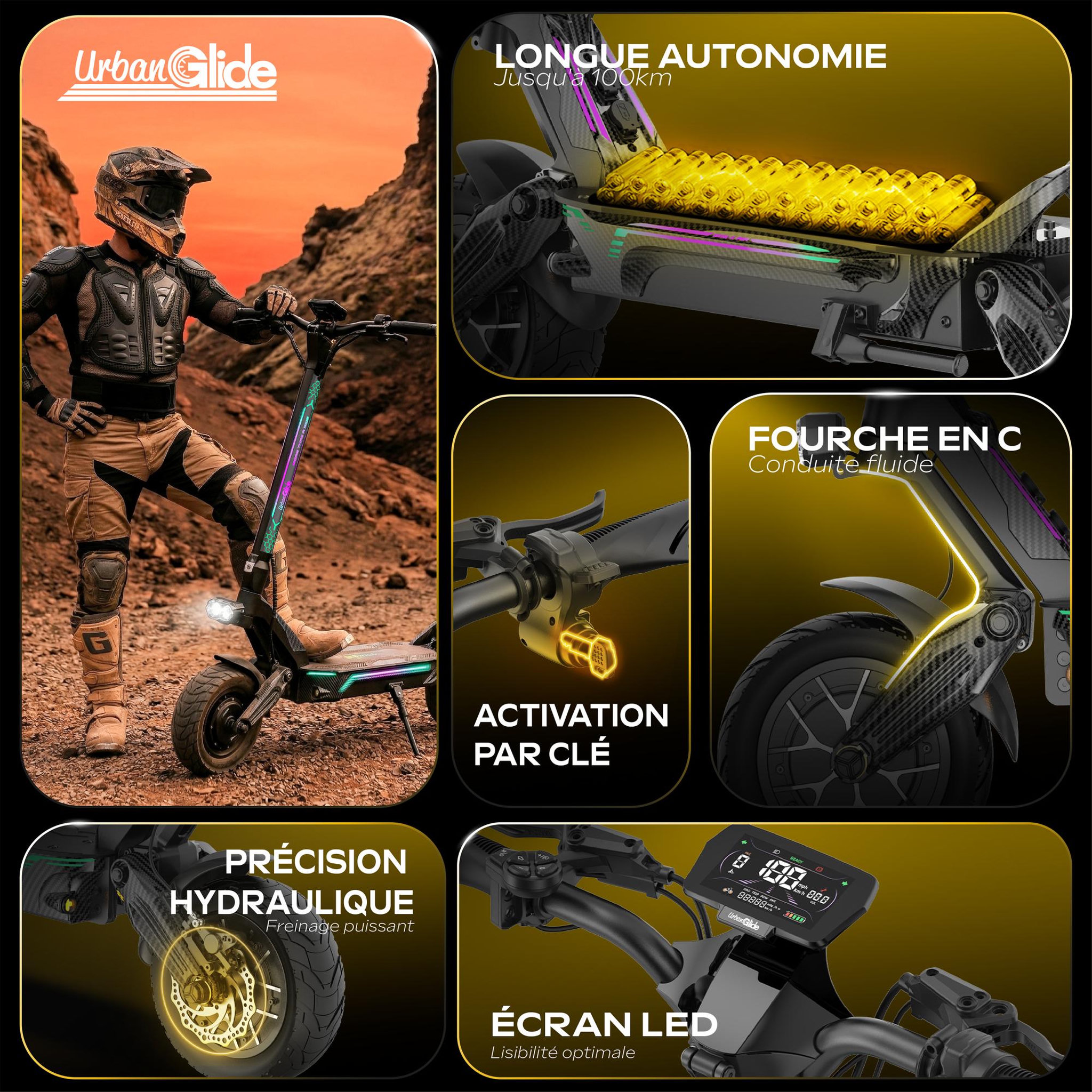 Voir la diapositive 2 : URBANGLIDE Trottinette électrique adulte urbanglide eon x air – autonomie 100km – batterie 52v/20ah – pneus 11  tubeless – poids 33,5kg
