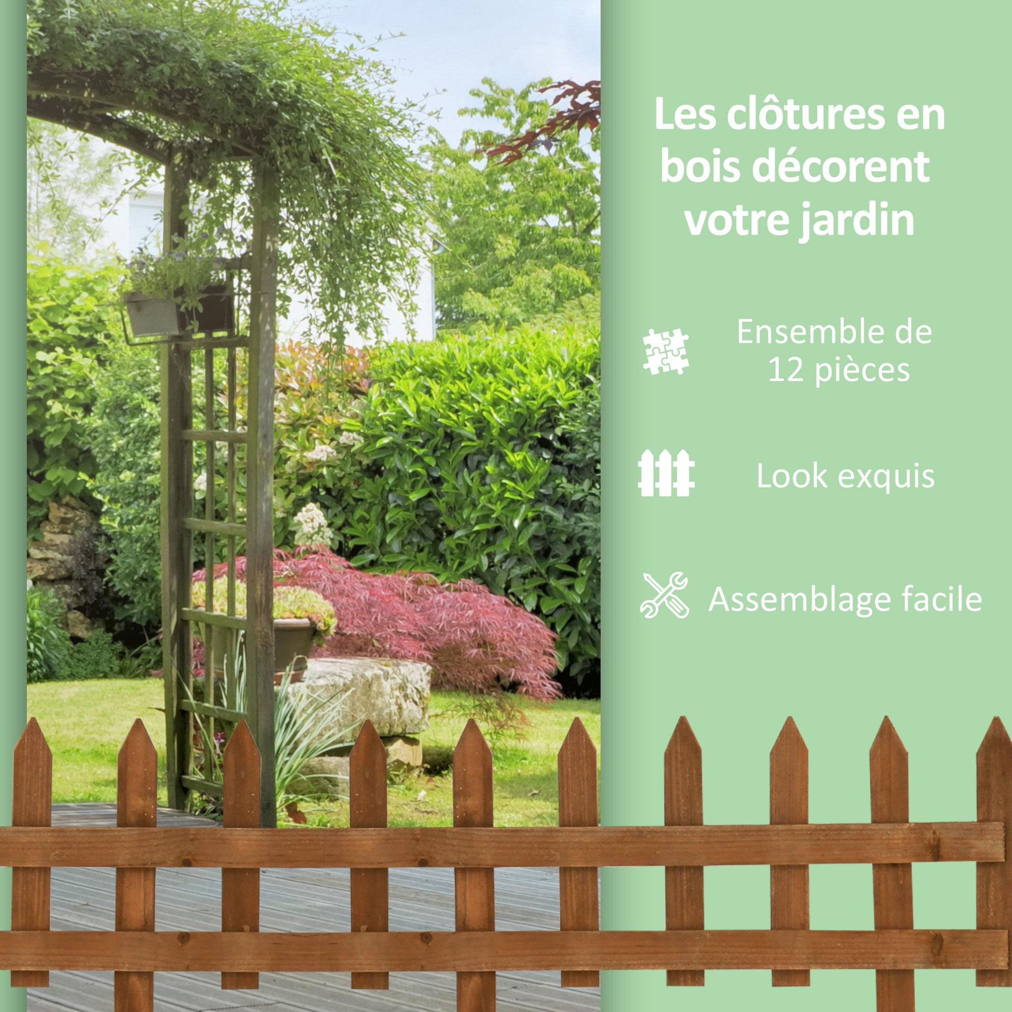 Voir la diapositive 6 : OUTSUNNY Bordures à planter 12 pcs - bordures de pelouse - barrières de jardin en bois de sapin pré-huilé - bordure dim. 60L x 34H cm
