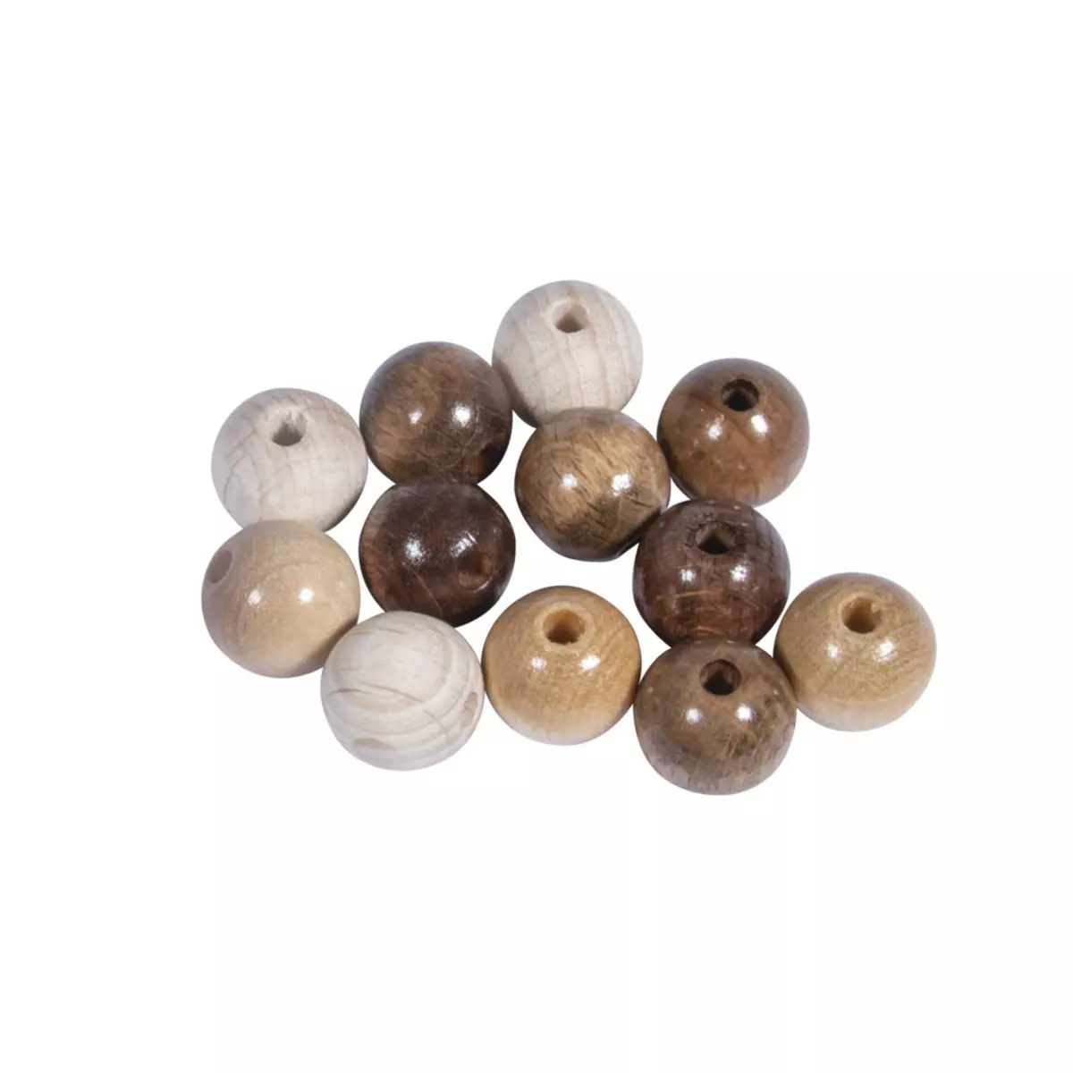 Rayher Assort. perles en bois FSC 100%, 12mm ø, tons naturels, polies, 32 pces