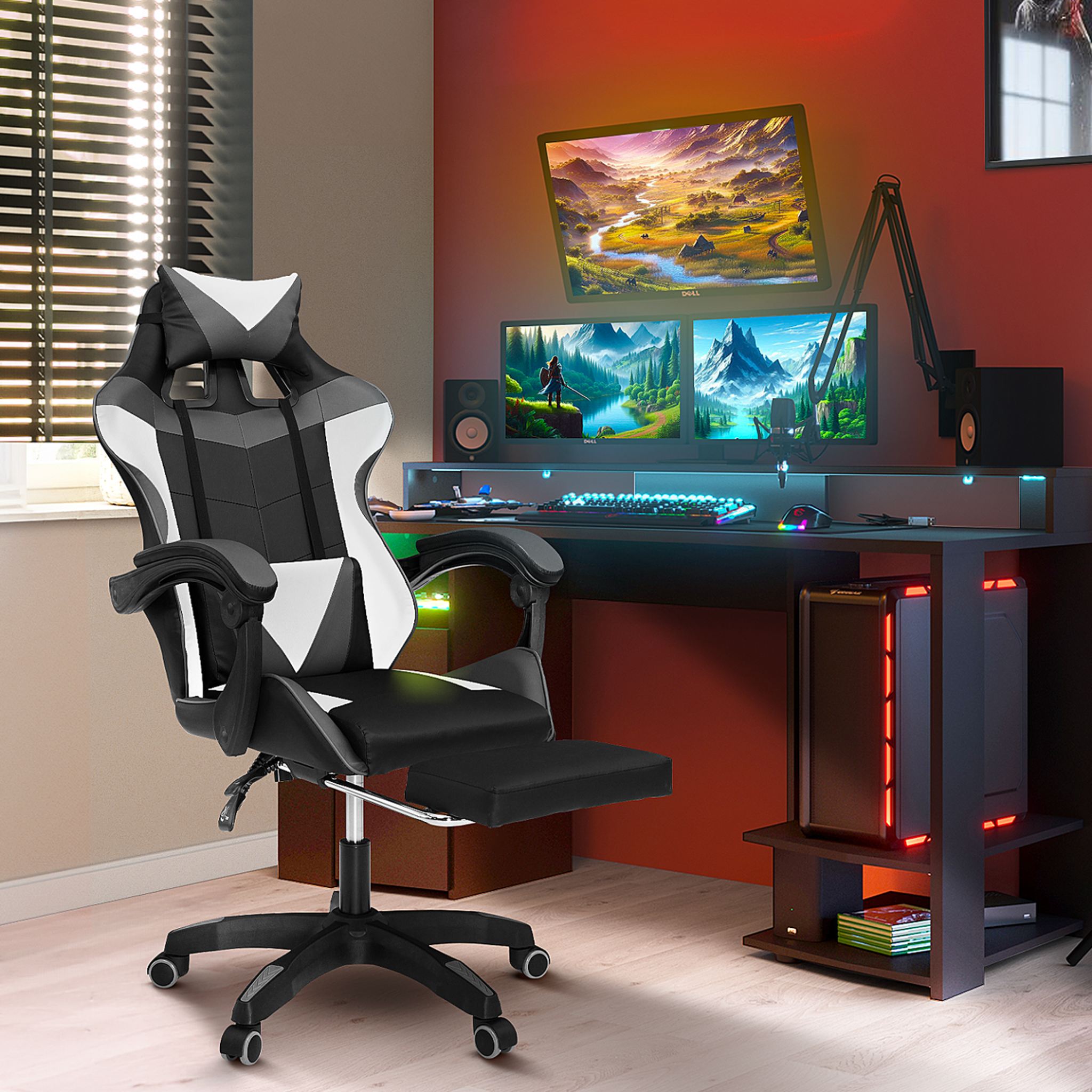 Voir la diapositive 2 : ID MARKET Fauteuil de gaming alex réglable avec repose-pied, coussin de tête et coussin lombaire noir blanc et gris