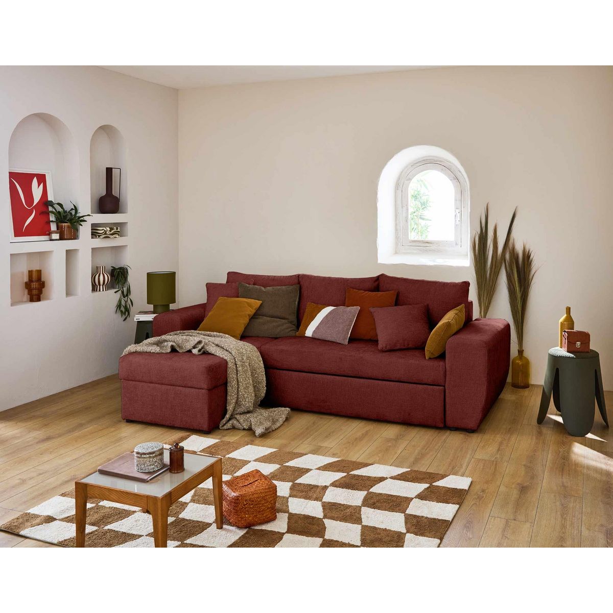 BEST MOBILIER Milan - canapé d'angle réversible 4 places - convertible avec coffre - en velours texturé