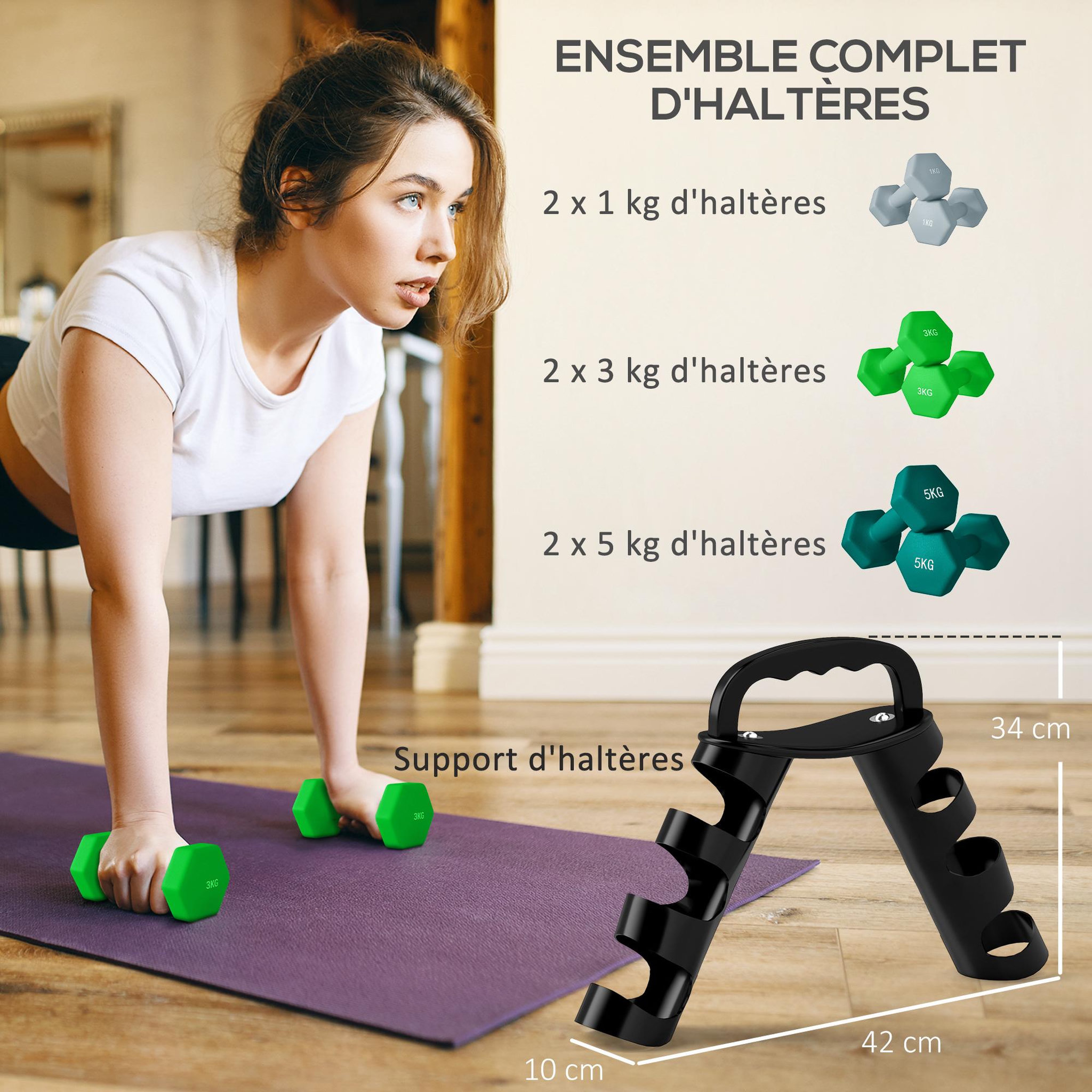 Voir la diapositive 4 : HOMCOM Support noir pour 6 haltères vinyles - 6 haltères incluses total 48 kg - noir gris vert