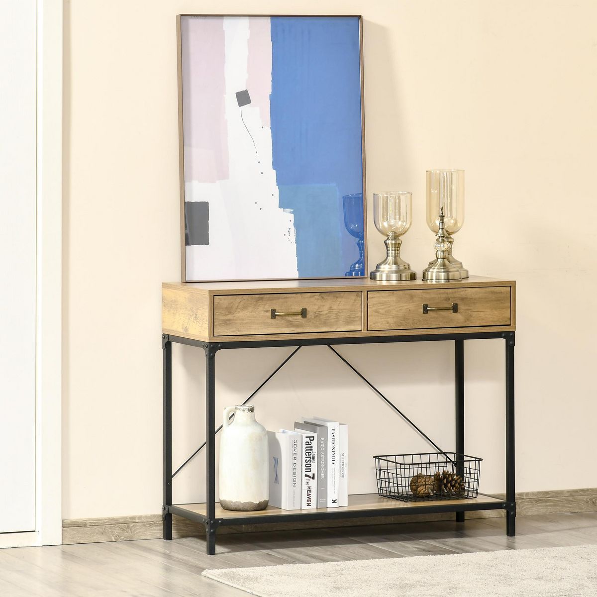 HOMCOM Console table d'appoint design industriel dim. 100L x 35l x 76H cm 2 tiroirs poignées laiton vieilli étagère métal noir aspect bois veinage