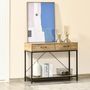 Voir la diapositive 4 : HOMCOM Console table d'appoint design industriel dim. 100L x 35l x 76H cm 2 tiroirs poignées laiton vieilli étagère métal noir aspect bois veinage