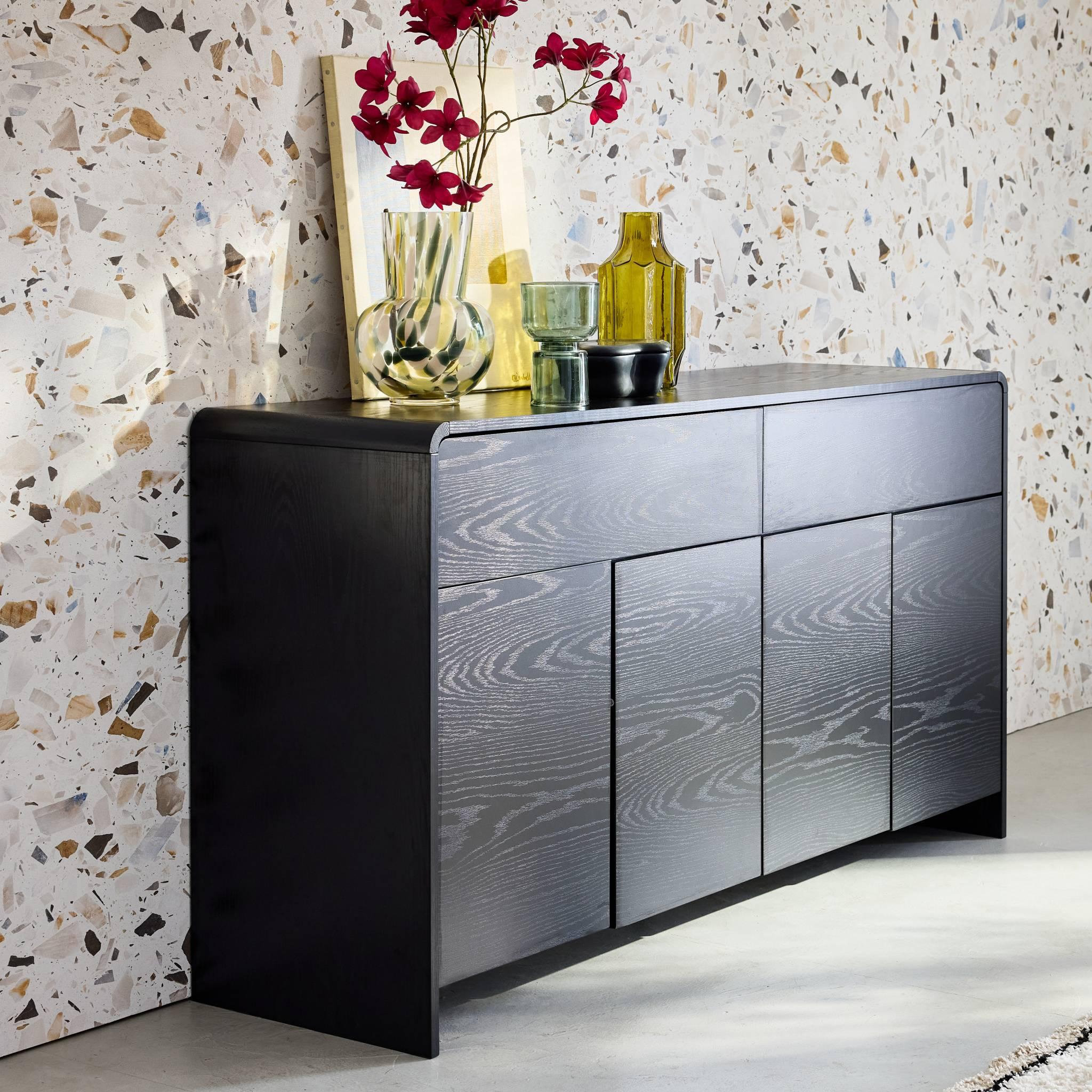 Voir la diapositive 3 : SWEEEK Buffet de rangement. buffet bas. 2 tiroirs 4 portes effet bois noir arrondi