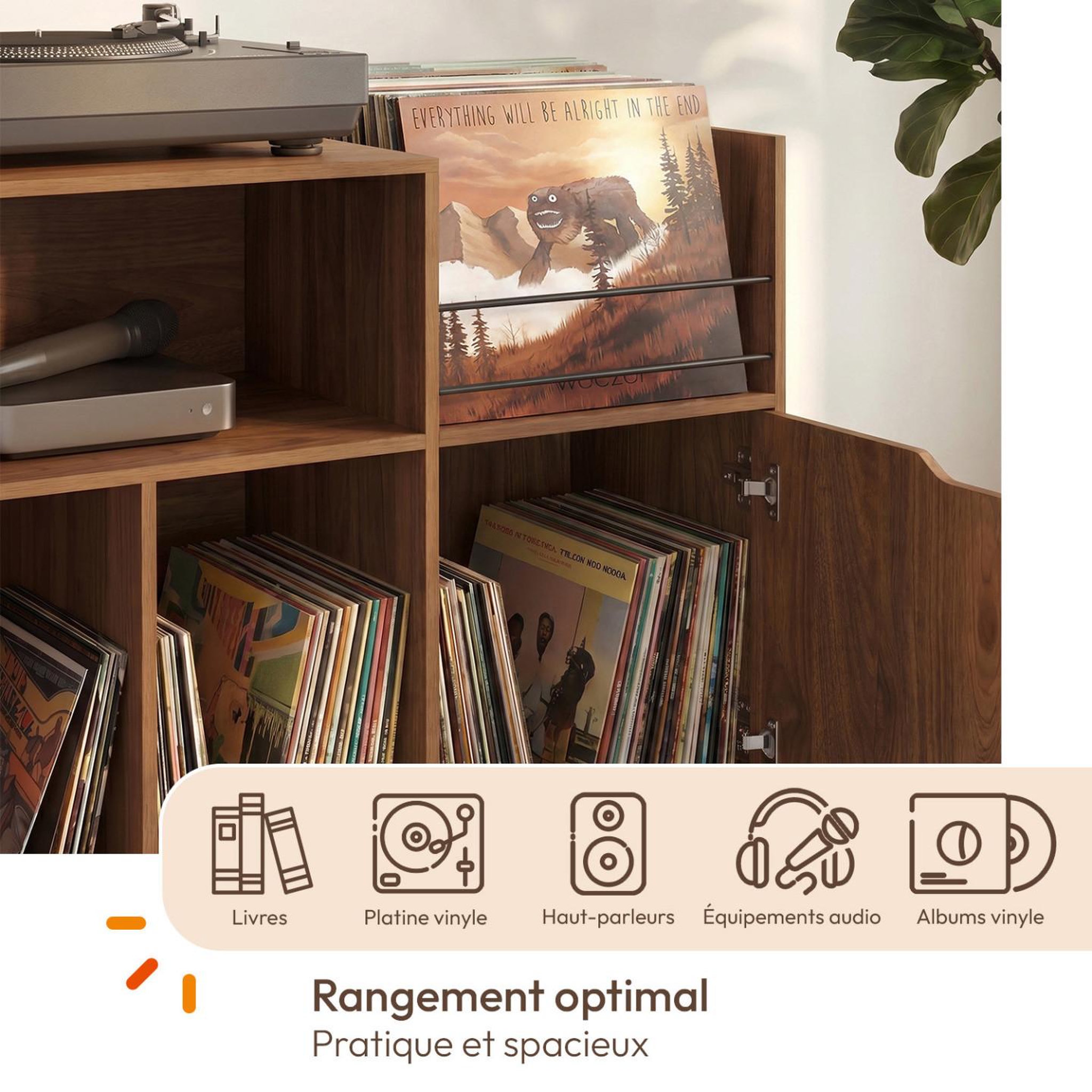 Voir la diapositive 5 : ID MARKET Meuble d'appoint, buffet de rangement avec étagères, supports vinyles, platine et placard 130 cm SIENNA vintage effet noyer