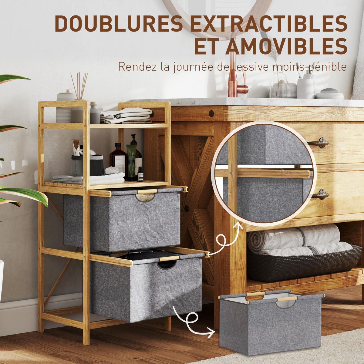 HOMCOM Panier à linge en bambou - panier à linge 2 bacs 2 étagères - panier à linge double - tissu gris