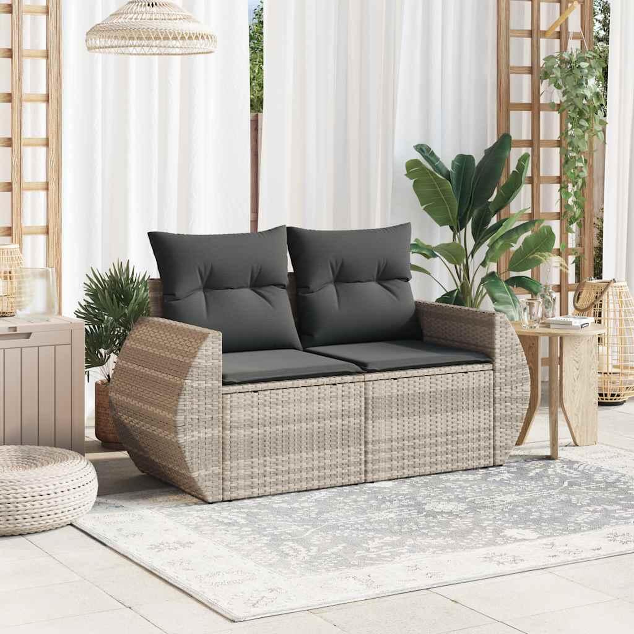 Voir la diapositive 3 : VIDAXL Canape de jardin 2 places et coussins gris clair resine tressee