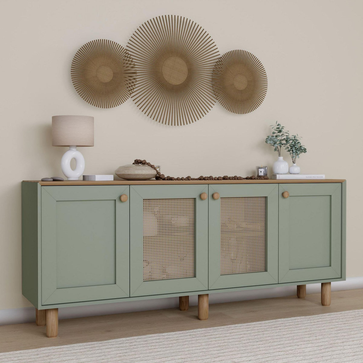 Habitat et Jardin Buffet en bois et cannage  Bohemian  - 180 x 40 x 75 cm - Vert