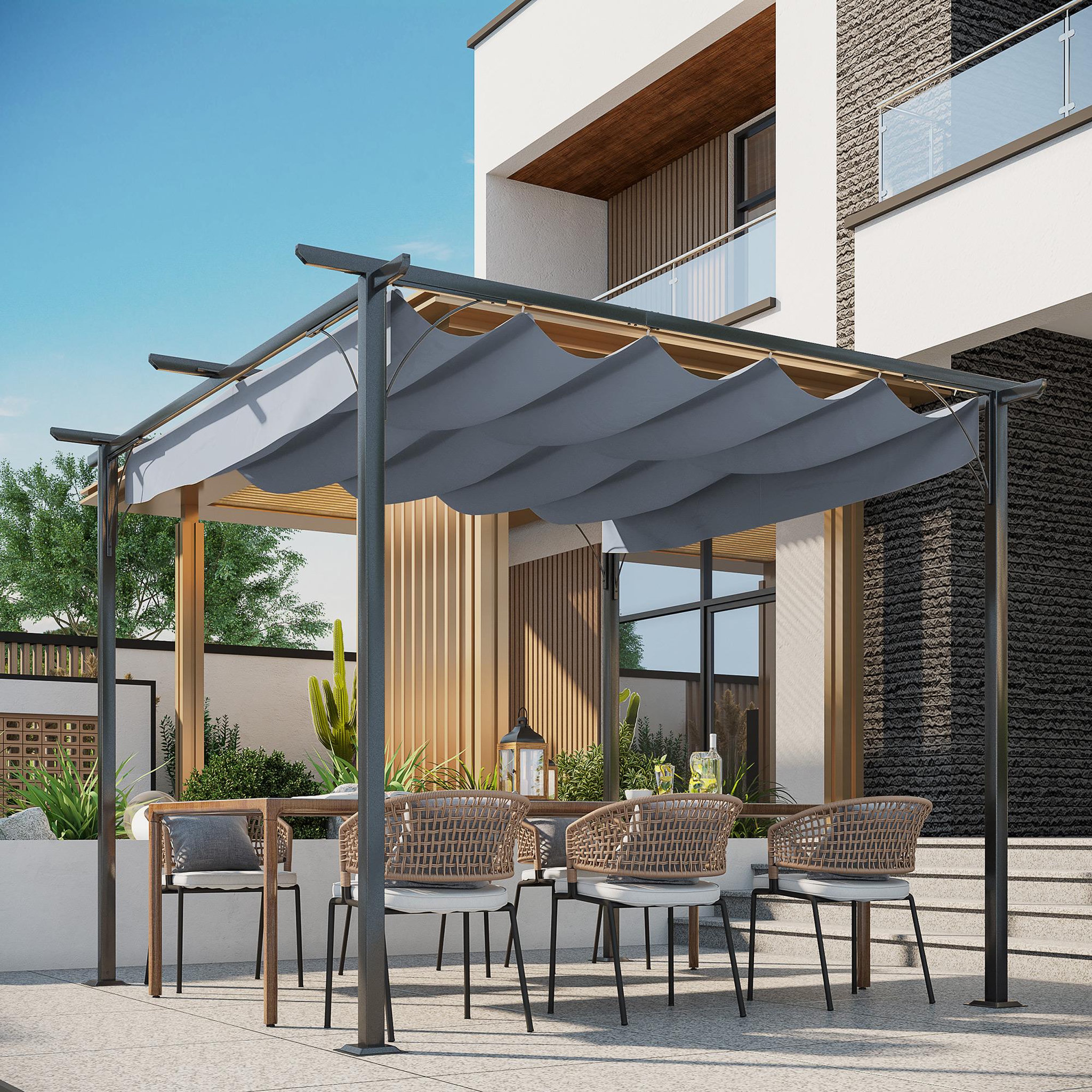 Voir la diapositive 2 : OUTSUNNY Pergola rétractable 3L x 3l x 2,30H m structure métal époxy anticorrosion noire + toile polyester haute densité 180 g/m² incluse gris