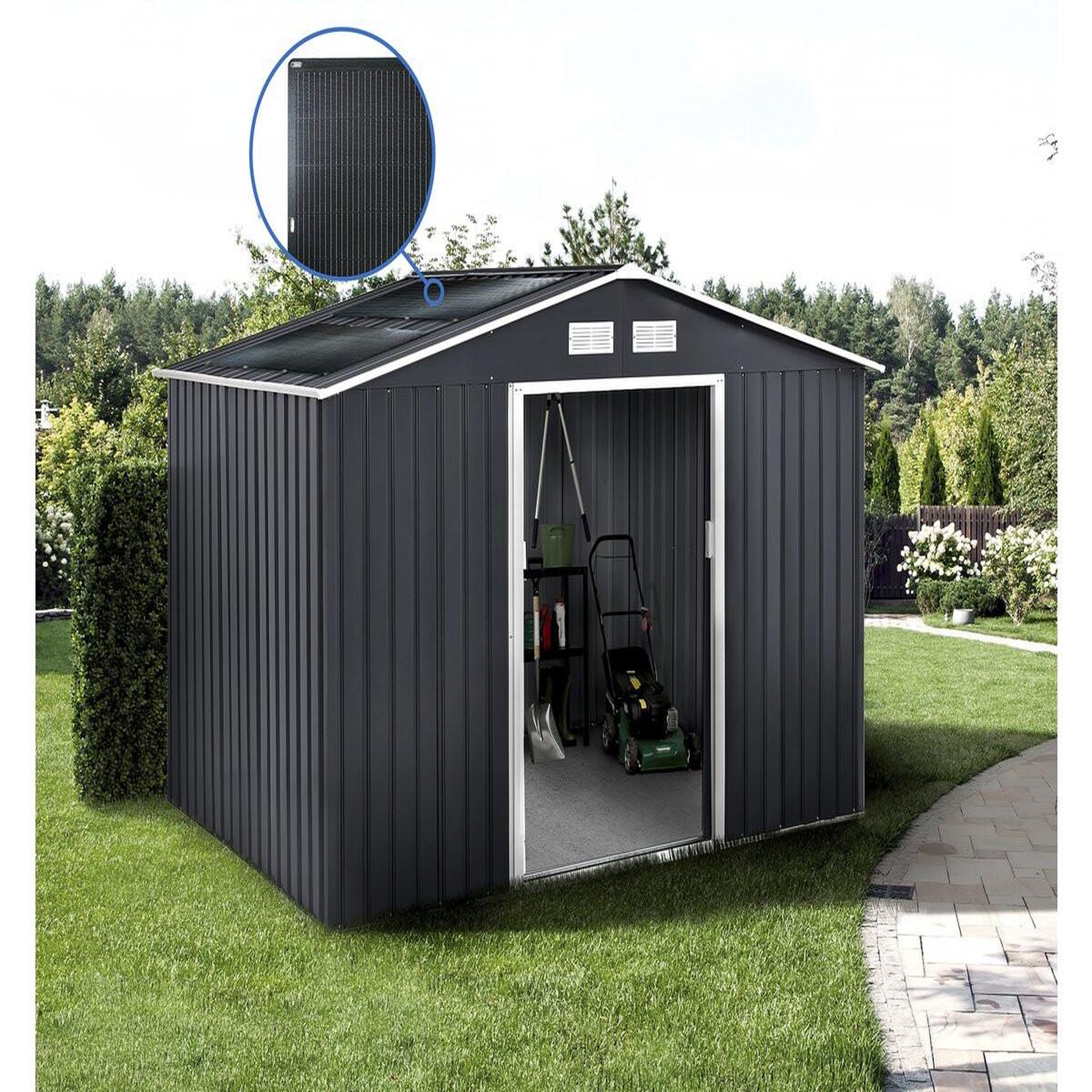 Voir la diapositive 2 : Habitat et Jardin Abri de jardin métal -  vegas  - 7.06 m² avec panneaux solaires - gris