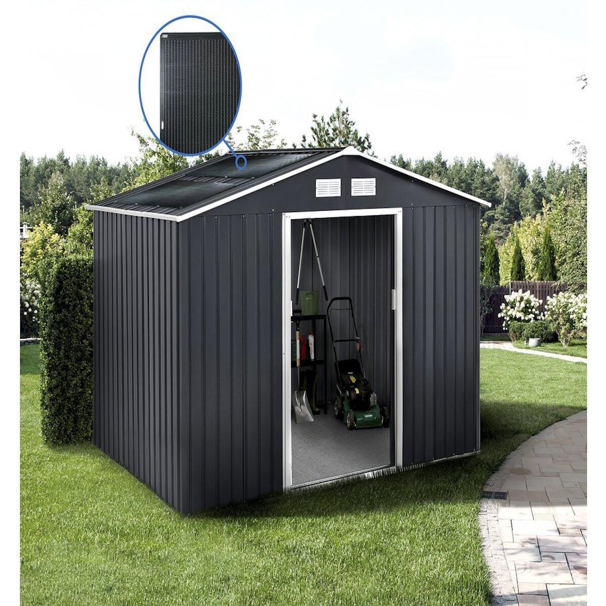 Habitat et Jardin Abri de jardin métal -  Vegas  - 7.06 m² avec panneaux solaires - Gris