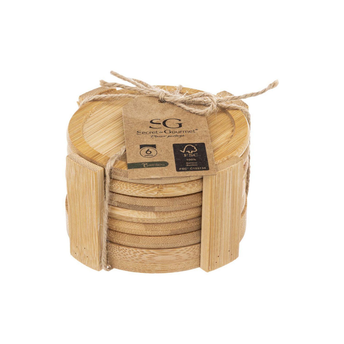 SECRET DE GOURMET Lot de 6 Dessous de verre en bambou et son rack de rangement