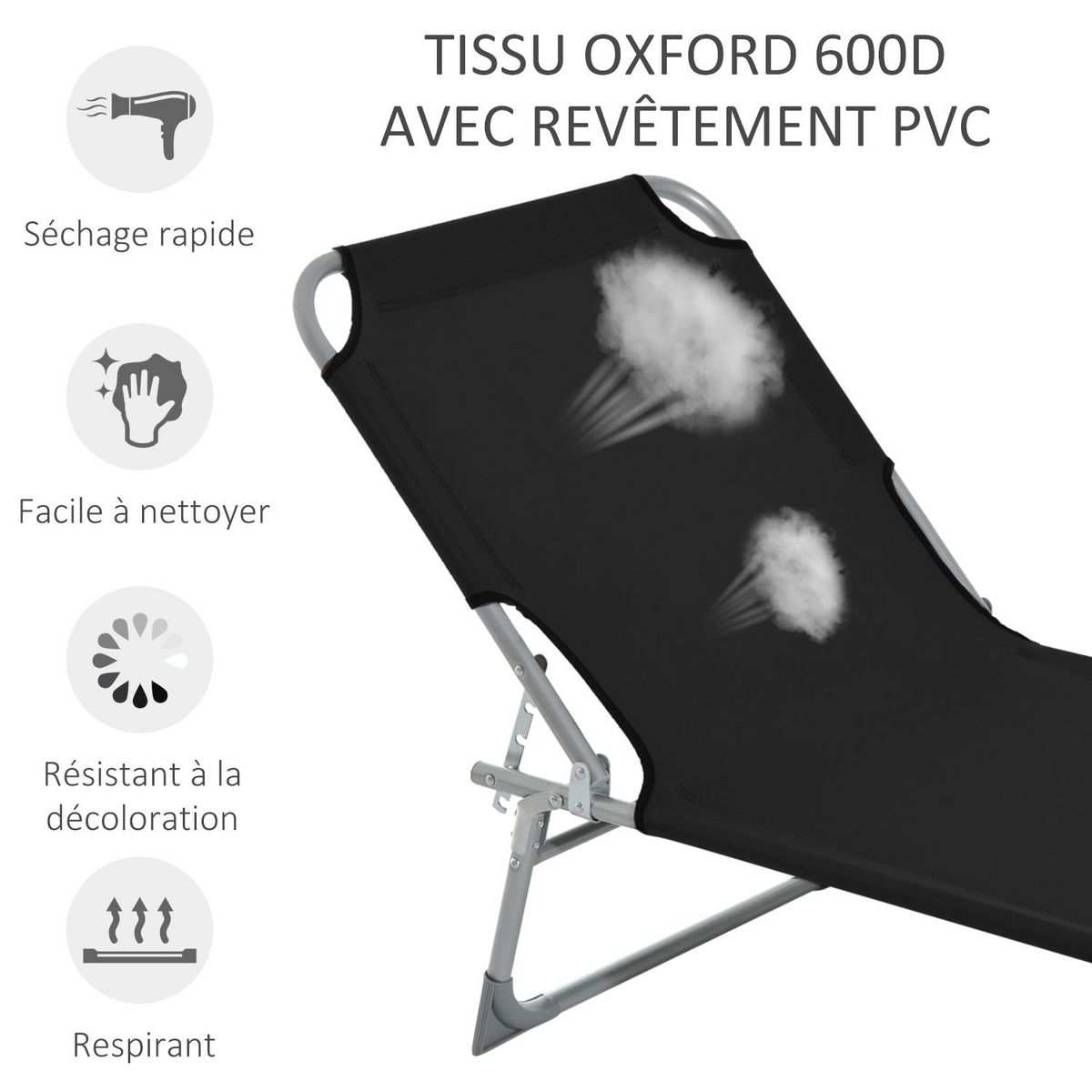 OUTSUNNY Bain de soleil transat pliable dossier réglable multipositions métal et polyester noir
