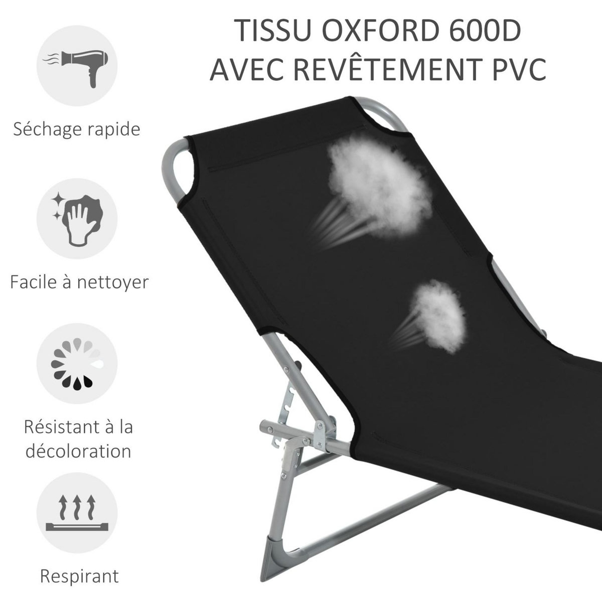 OUTSUNNY Bain de soleil transat pliable dossier réglable multipositions métal et polyester noir