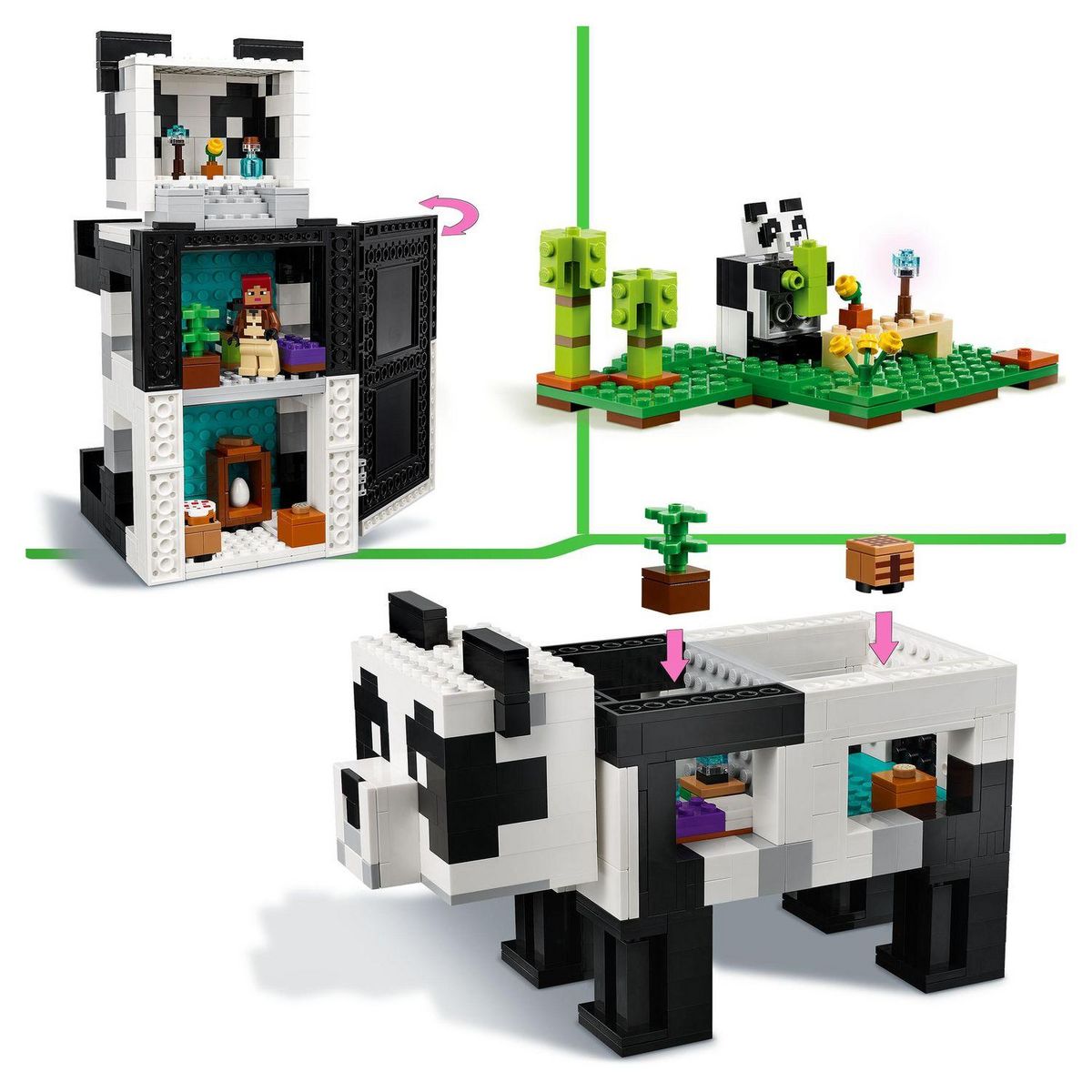 LEGO Minecraft 21245 Le refuge panda, Jouet de Maison Amovible, avec Figurines Animaux et Squelette