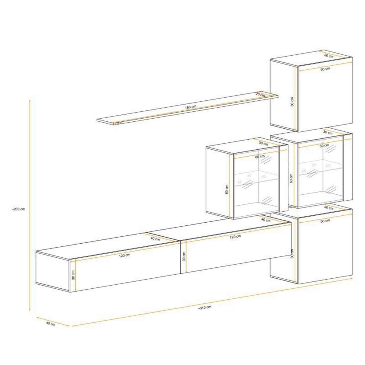 Paris Prix Meuble TV Mural Design  Switch XIX  310cm Blanc & Noir