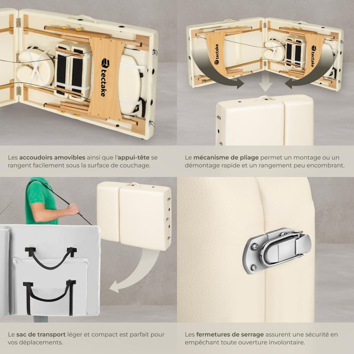 tectake Ensemble de table de massage portable pliante 3 zones largeur 70 cm et rembourrage 7,5 cm beige