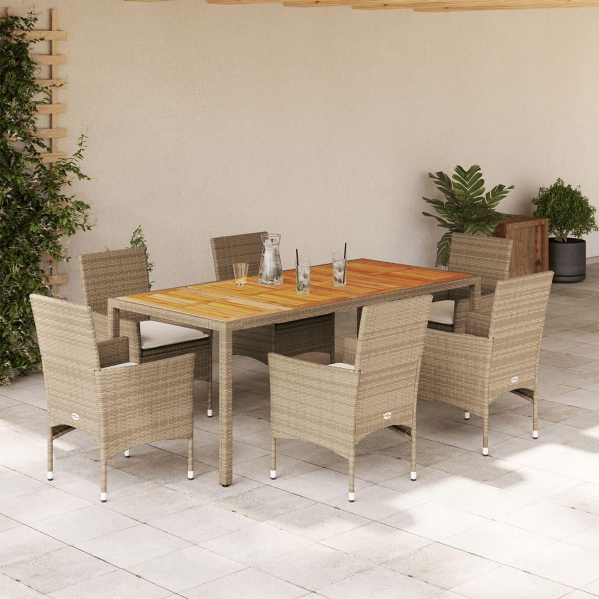 VIDAXL Ensemble a manger de jardin et coussins 7pcs beige rotin acacia