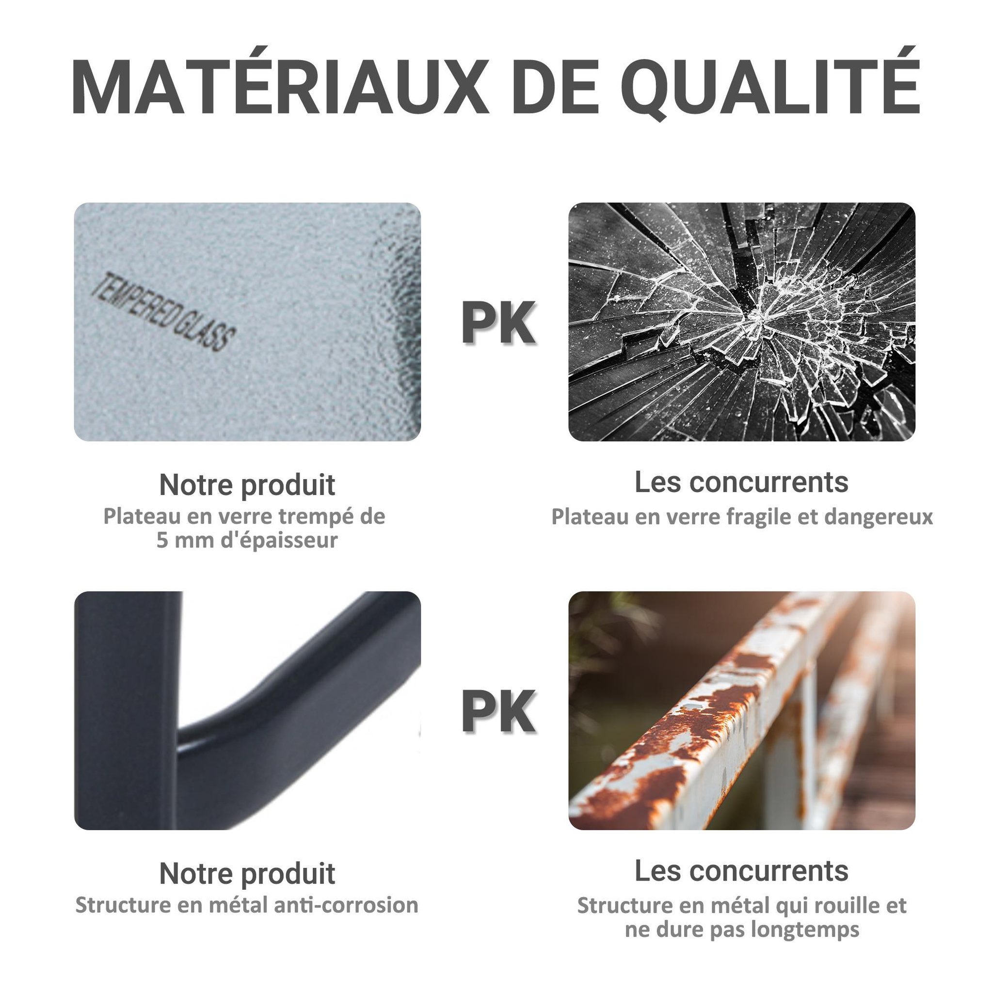 Voir la diapositive 4 : OUTSUNNY Table carrée bistro de jardin dim. 68L x 68l x 84H cm métal époxy gris plateau verre trempé granité