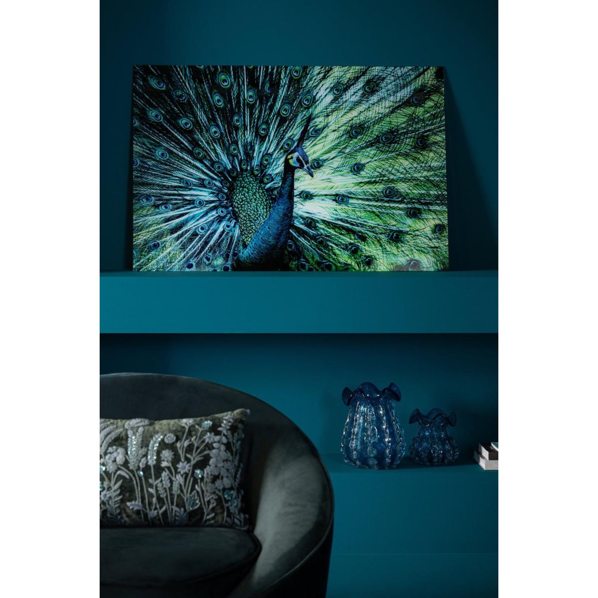 Voir la diapositive 3 : J-LINE Tableau déco en verre  paon  80x120cm bleu