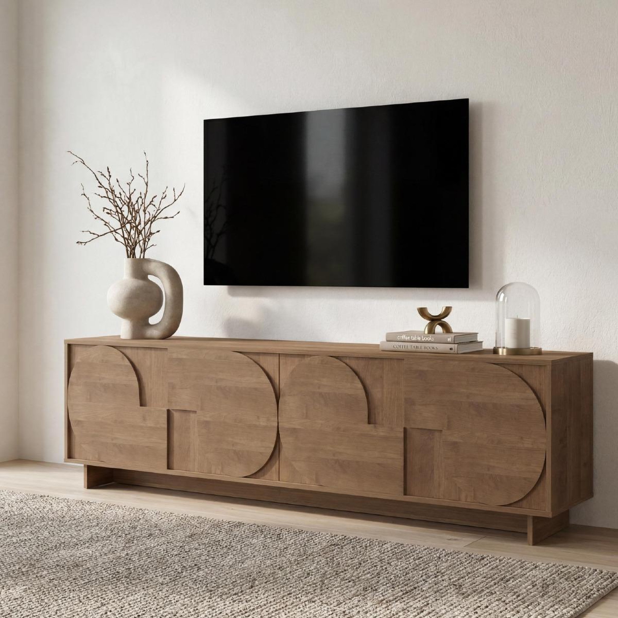 Voir la diapositive 2 : JLC KREATION Meuble tv effet noyer avec portes motifs ronds zaz