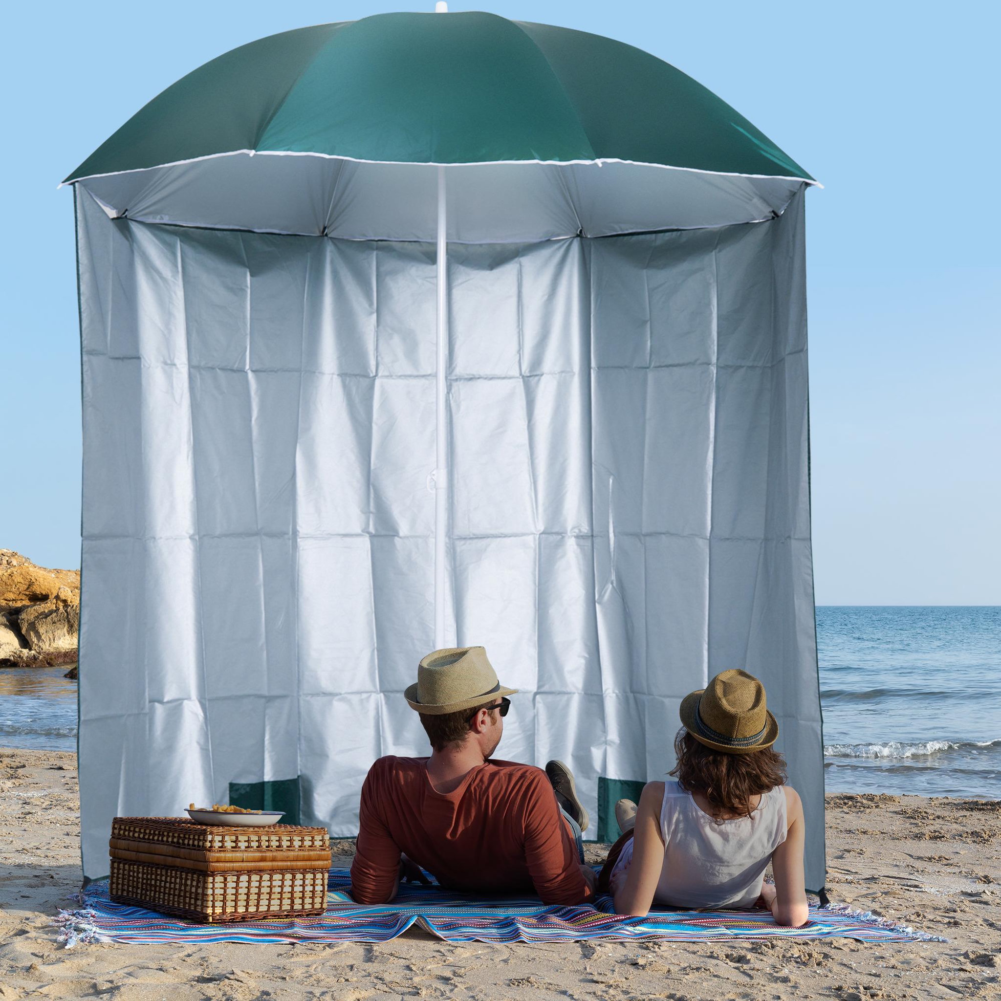 Voir la diapositive 2 : OUTSUNNY Parasol de plage Ø 2,2 x 2,2H cm protection UPF 50 + sac transport, sardines et lestage intégrés vert foncé