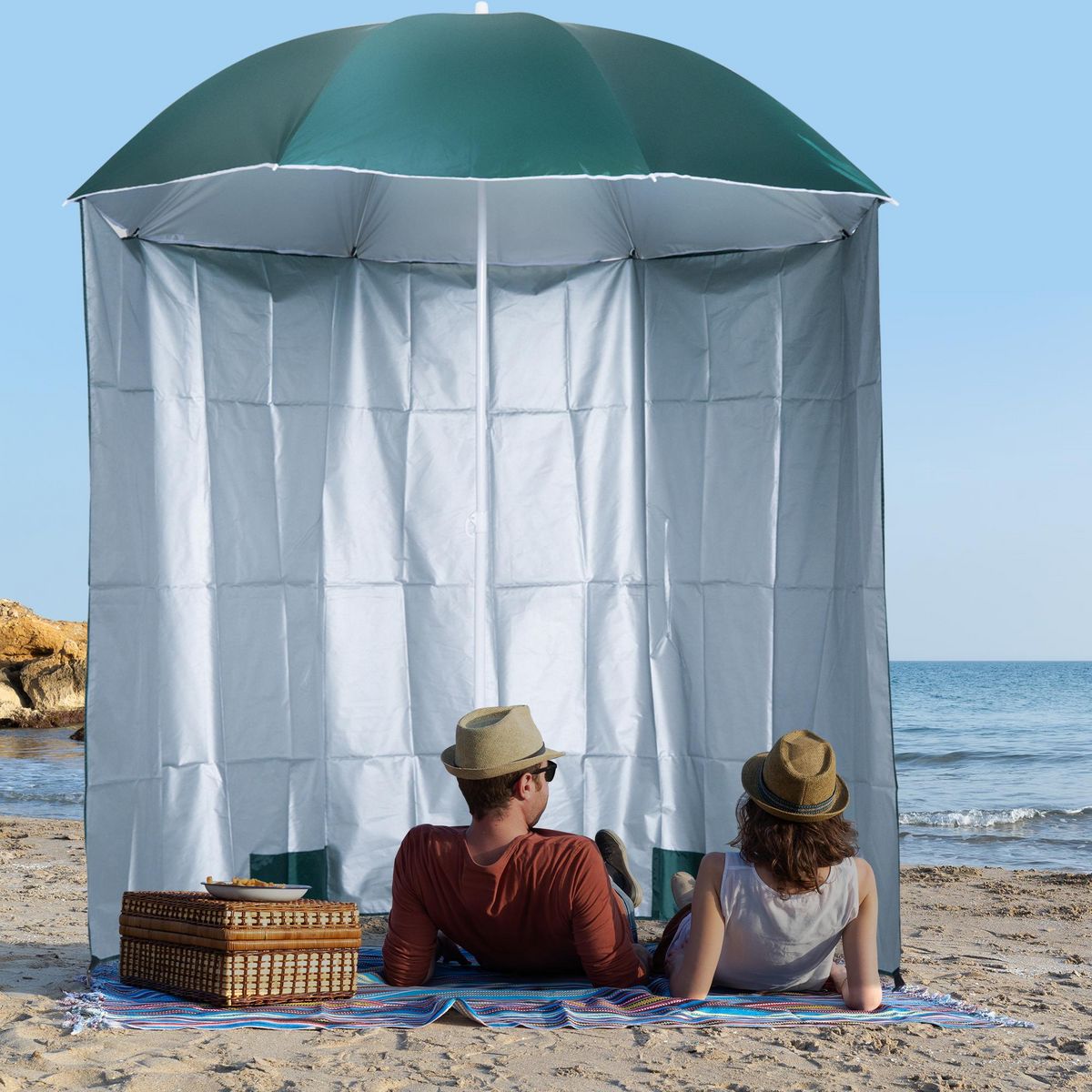 OUTSUNNY Parasol de plage Ø 2,2 x 2,2H cm protection UPF 50 + sac transport, sardines et lestage intégrés vert foncé