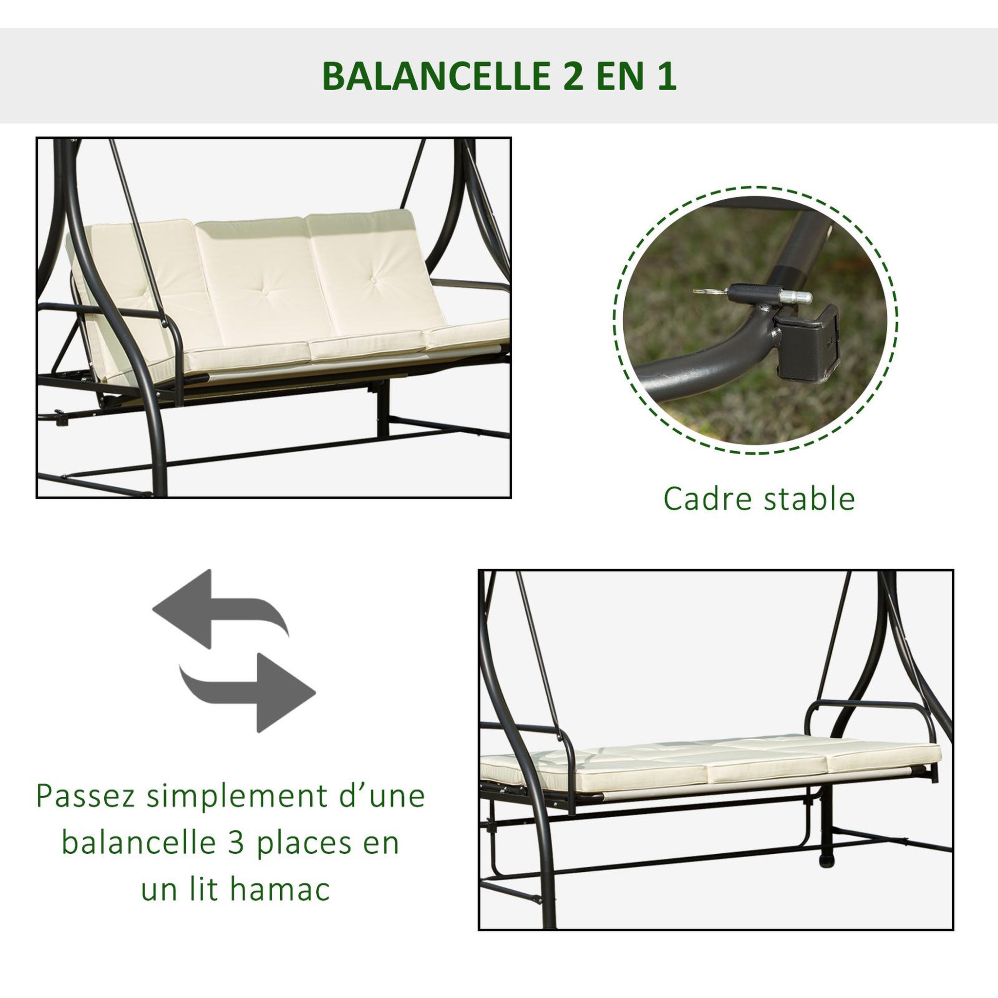 Voir la diapositive 4 : OUTSUNNY Balancelle de jardin 3 places convertible inclinaison toit réglable matelas grand confort rembourrage 8 cm fourni 1,96L x 1,17l x 1,78H m métal époxy noir crème