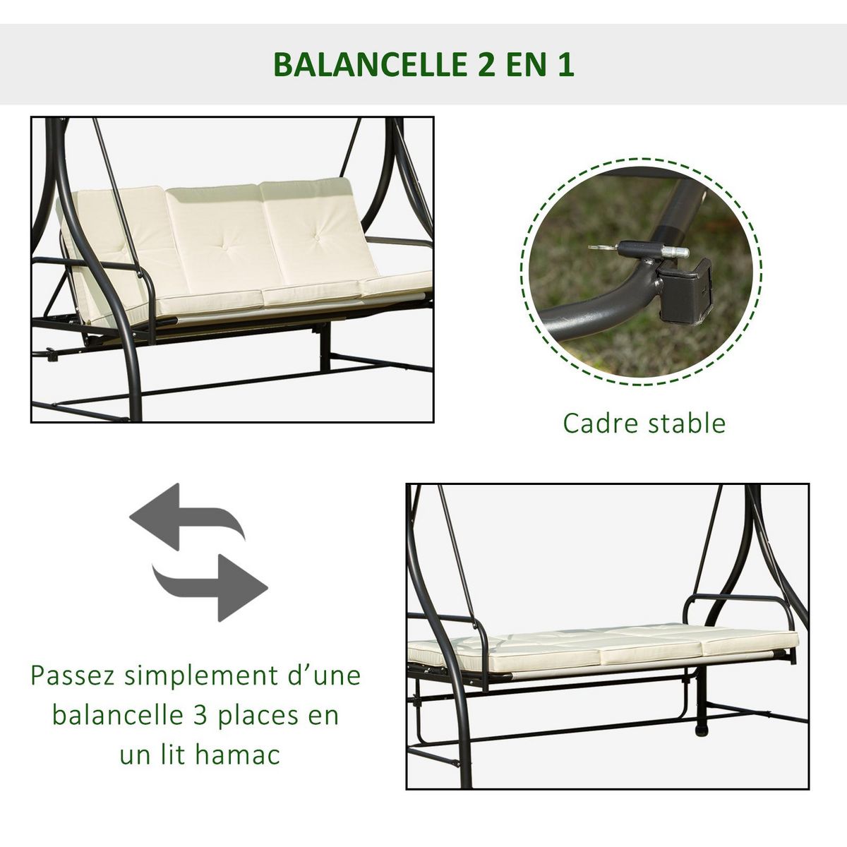 OUTSUNNY Balancelle de jardin 3 places convertible inclinaison toit réglable matelas grand confort rembourrage 8 cm fourni 1,96L x 1,17l x 1,78H m métal époxy noir crème
