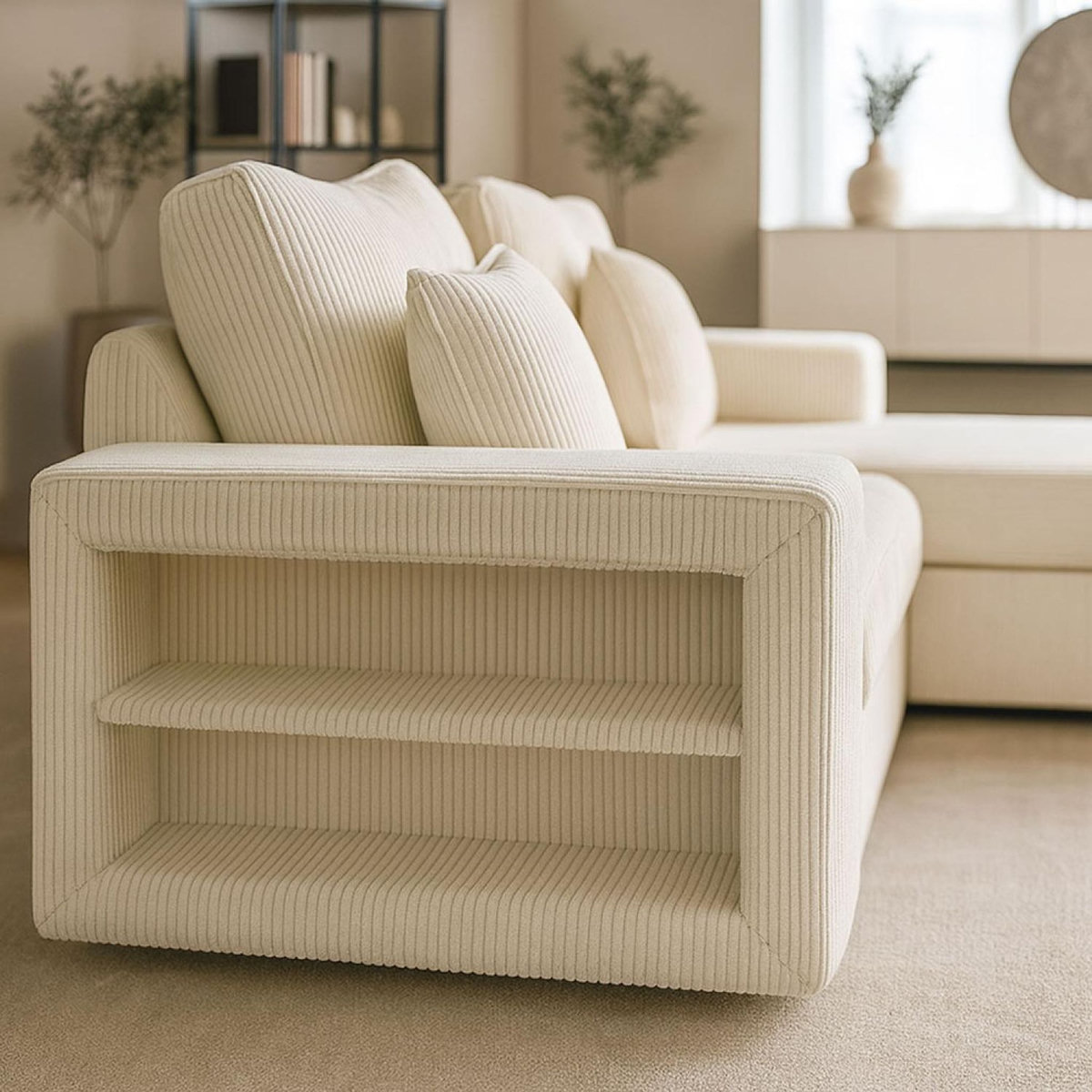 CONCEPT USINE Canapé d'angle convertible 4 places avec coffre en velours côtelé beige GLASGOW