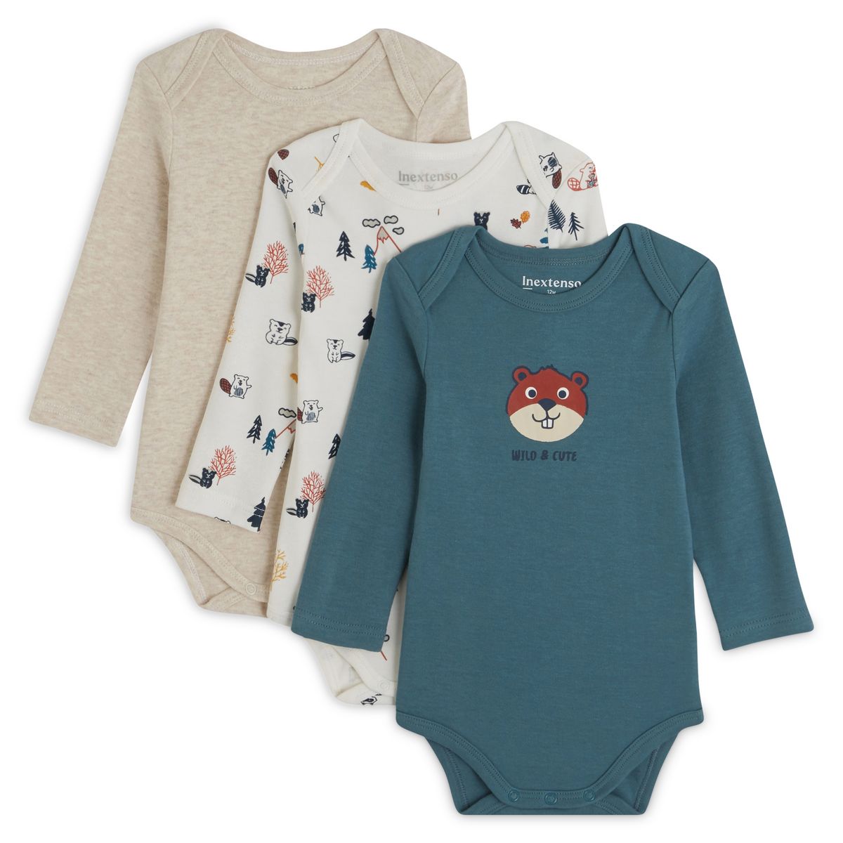 INEXTENSO Lot de 3 bodies manches longues castor bébé garçon