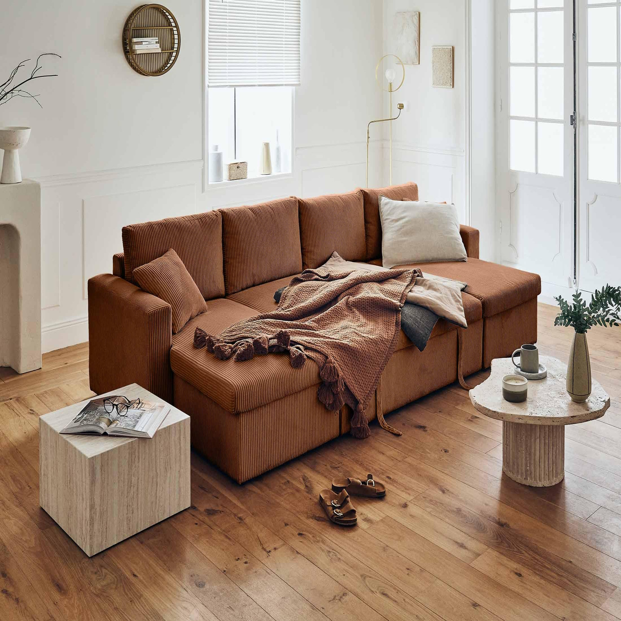 Voir la diapositive 3 : BEST MOBILIER Cyrus - canapé panoramique en u - 7 places - convertible avec coffre - en velours côtelé