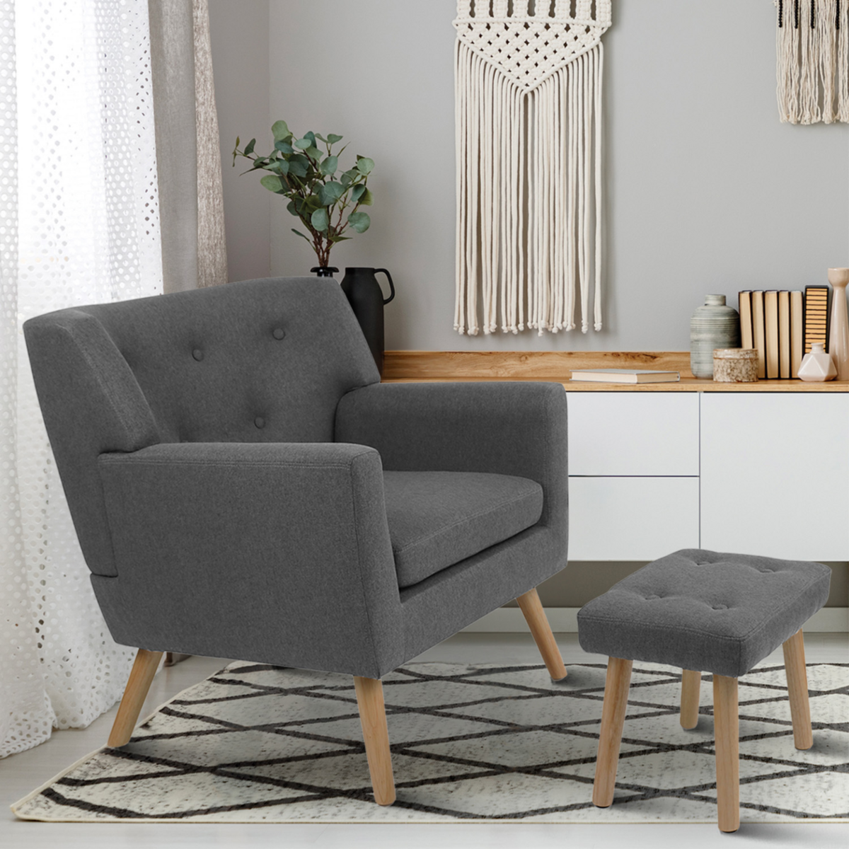 ID MARKET Fauteuil scandinave LIV avec repose pieds en tissu gris anthracite