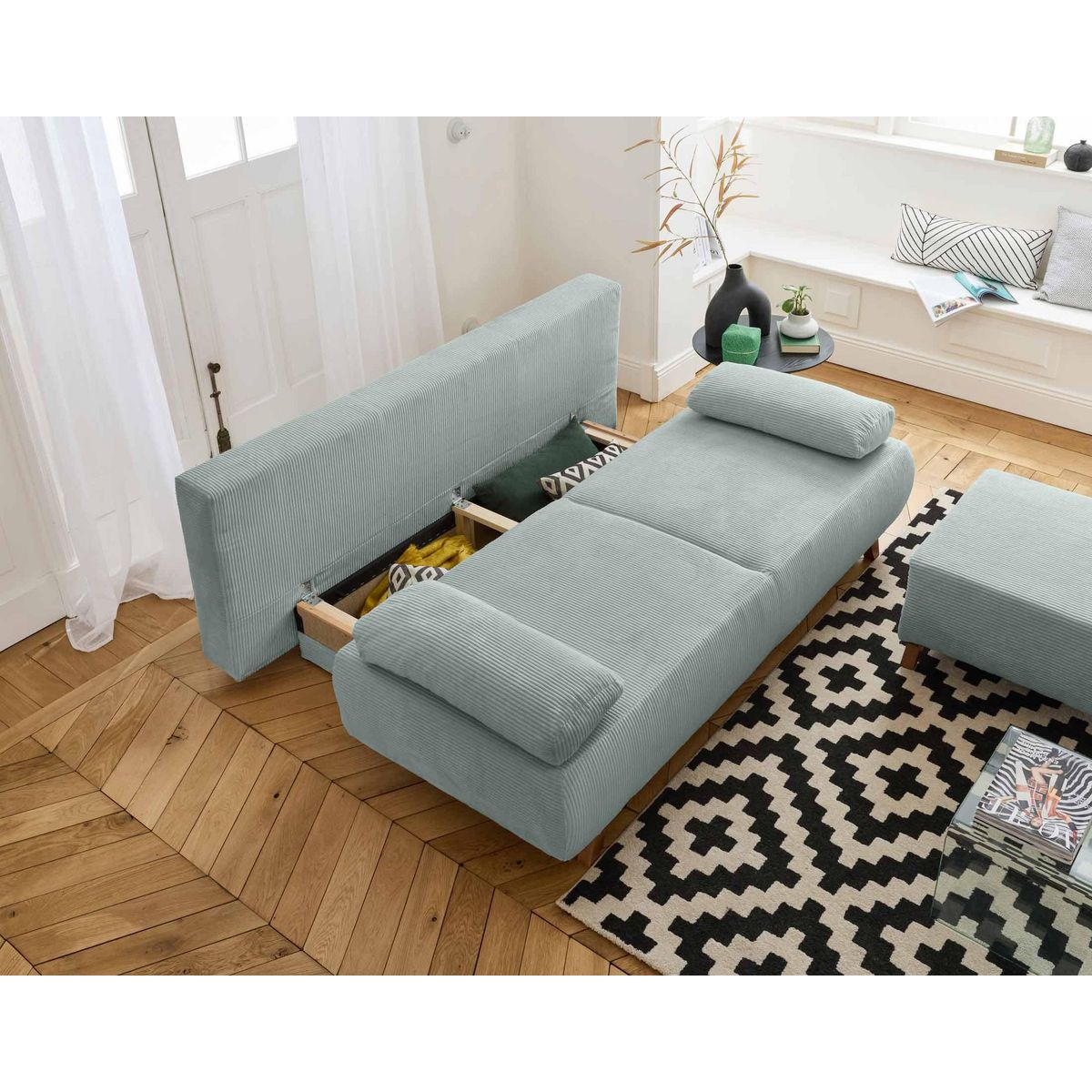 BEST MOBILIER Cristal - canapé 3 places - convertible avec coffre et pouf - en velours côtelé