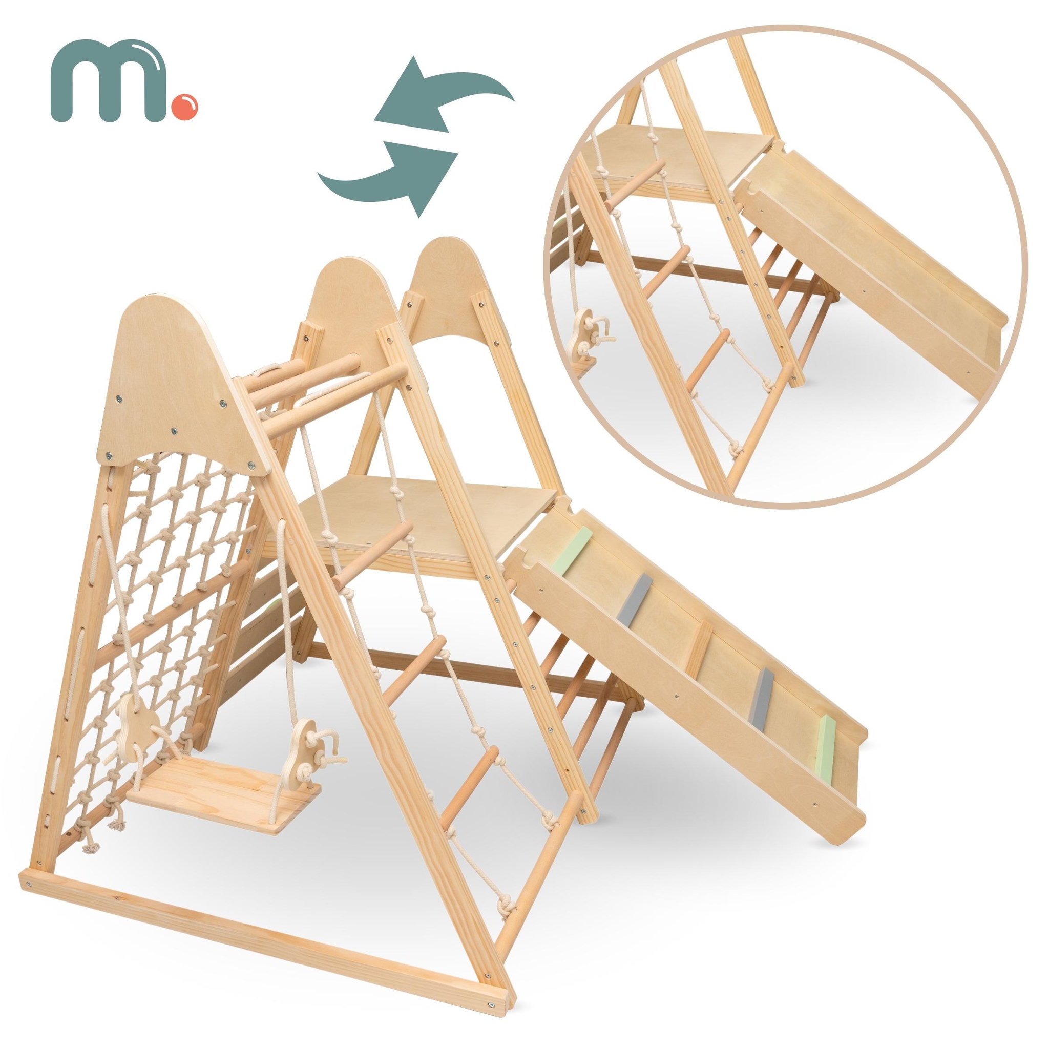 Voir la diapositive 4 : MAMABRUM Aire de jeux intérieure Mamabrum 5 en 1 en bois avec toboggan et balançoires-