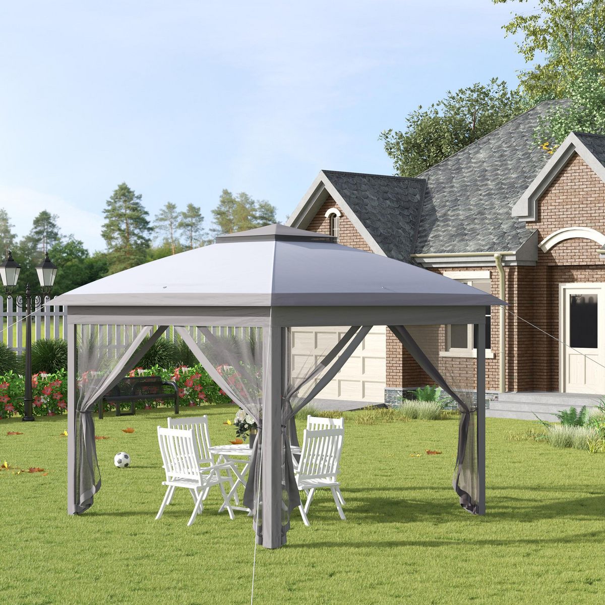OUTSUNNY Tonnelle barnum de jardin pop-up pliant - dim. 3,30L x 3,30l x 2,88H m - hauteur réglable, double toit, sac transport - métal époxy, oxford, moustiquaires - gris