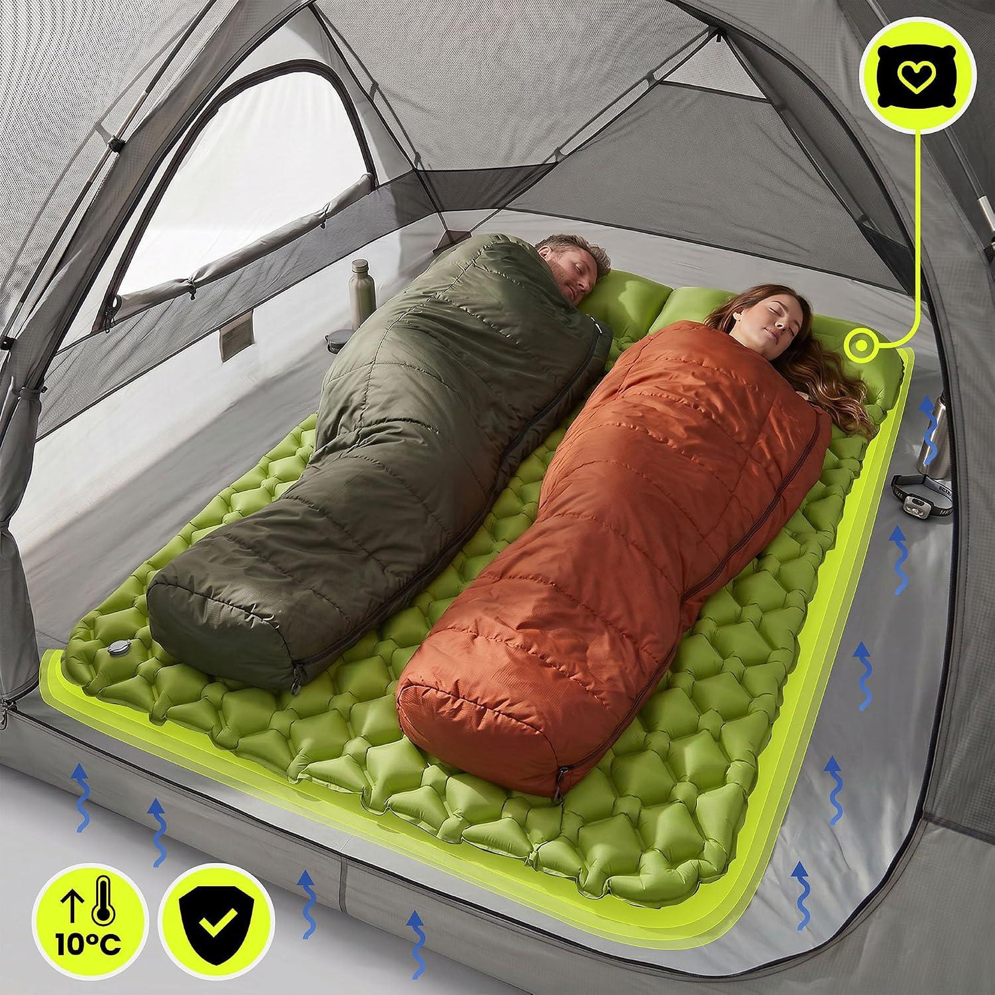Voir la diapositive 5 : HYPERMOTION Matelas Gonflable 2 Places Camping, HyperMotion avec Oreillers Intégrés