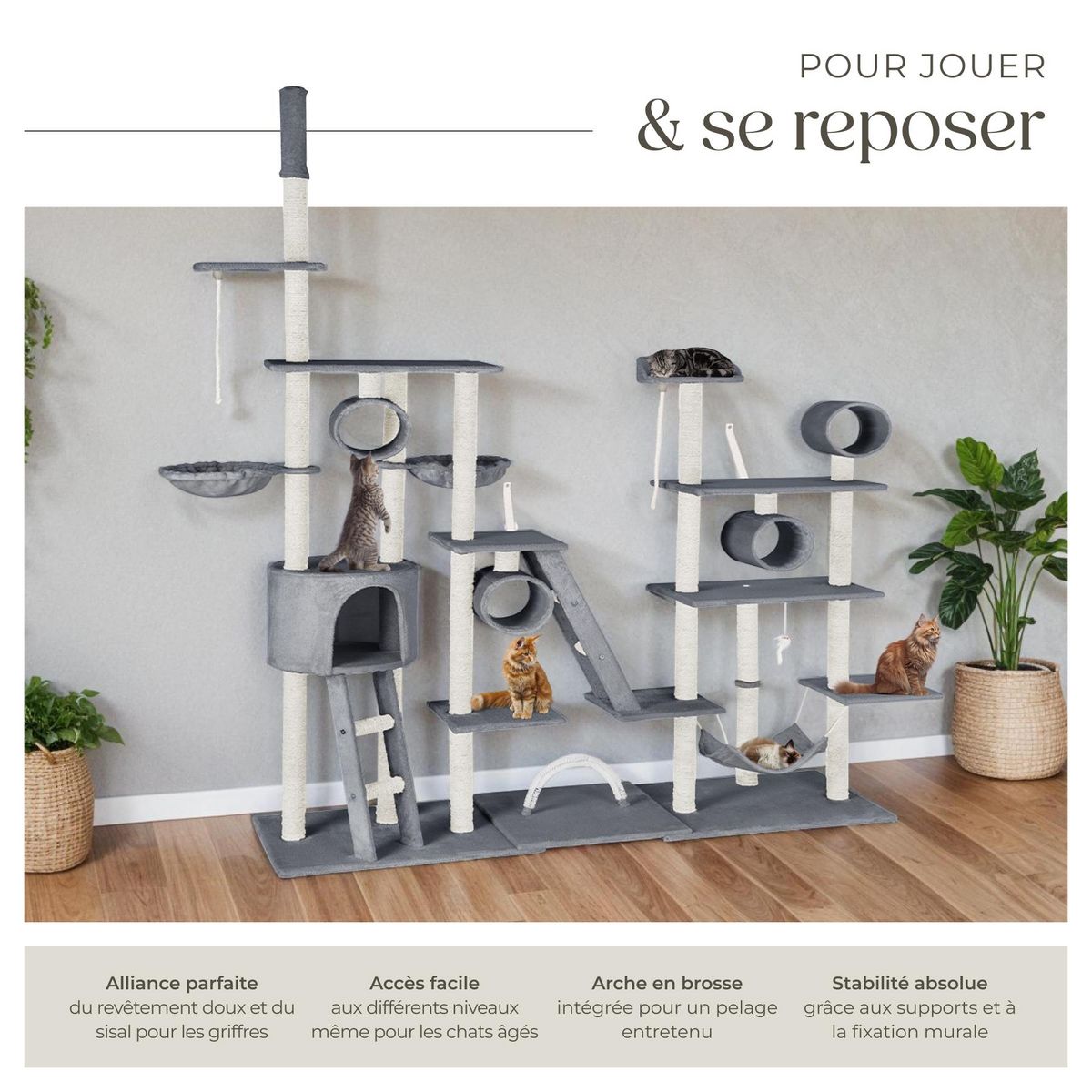 tectake Arbre à chat 234 à 261 cm avec griffoir et plateforme d'escalade gris